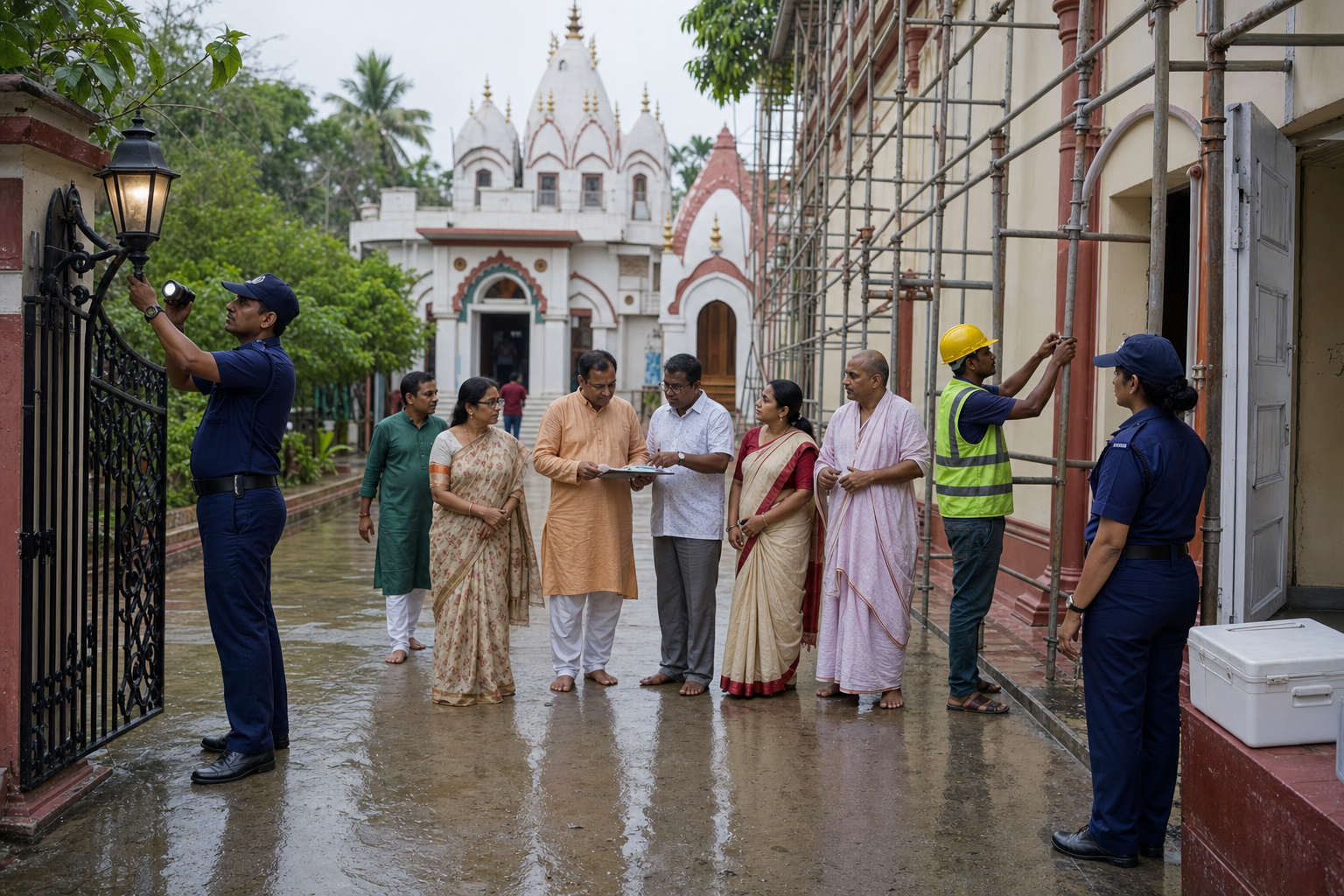 Temple representatives, devotees, workers, and police conduct a joint safety inspection of a temple entrance, scaffolding, lights, and walkways.
