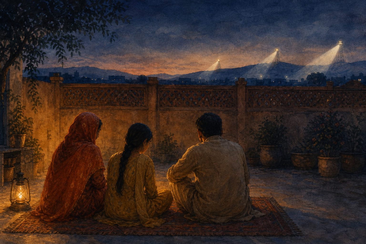 A girl and two family members sit in a courtyard while distant lights shine beyond a high wall at dusk.