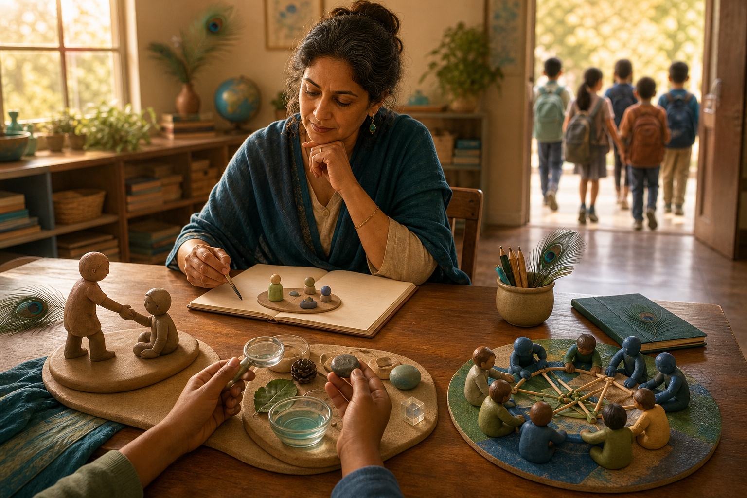 A teacher plans a cooperative lesson at a desk arranged with clay figures, shared classroom materials and a subtle peacock-feather motif.