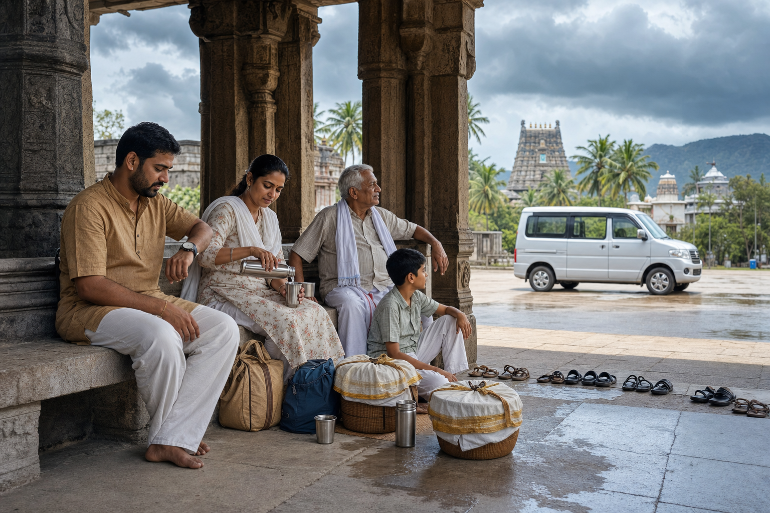 A pilgrim family rests in a shaded stone pavilion with water, umbrellas, travel bags, and offerings while a hired van waits outside.