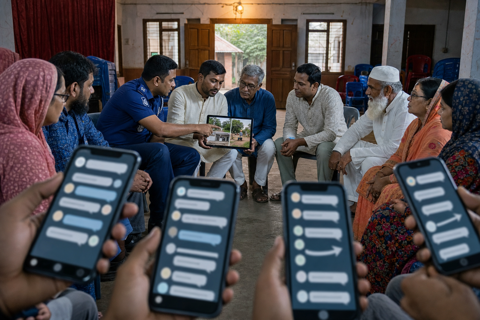 Phones with unreadable circulating messages appear in the foreground while Hindu and Muslim neighbors meet with mediators and a police liaison in the background.