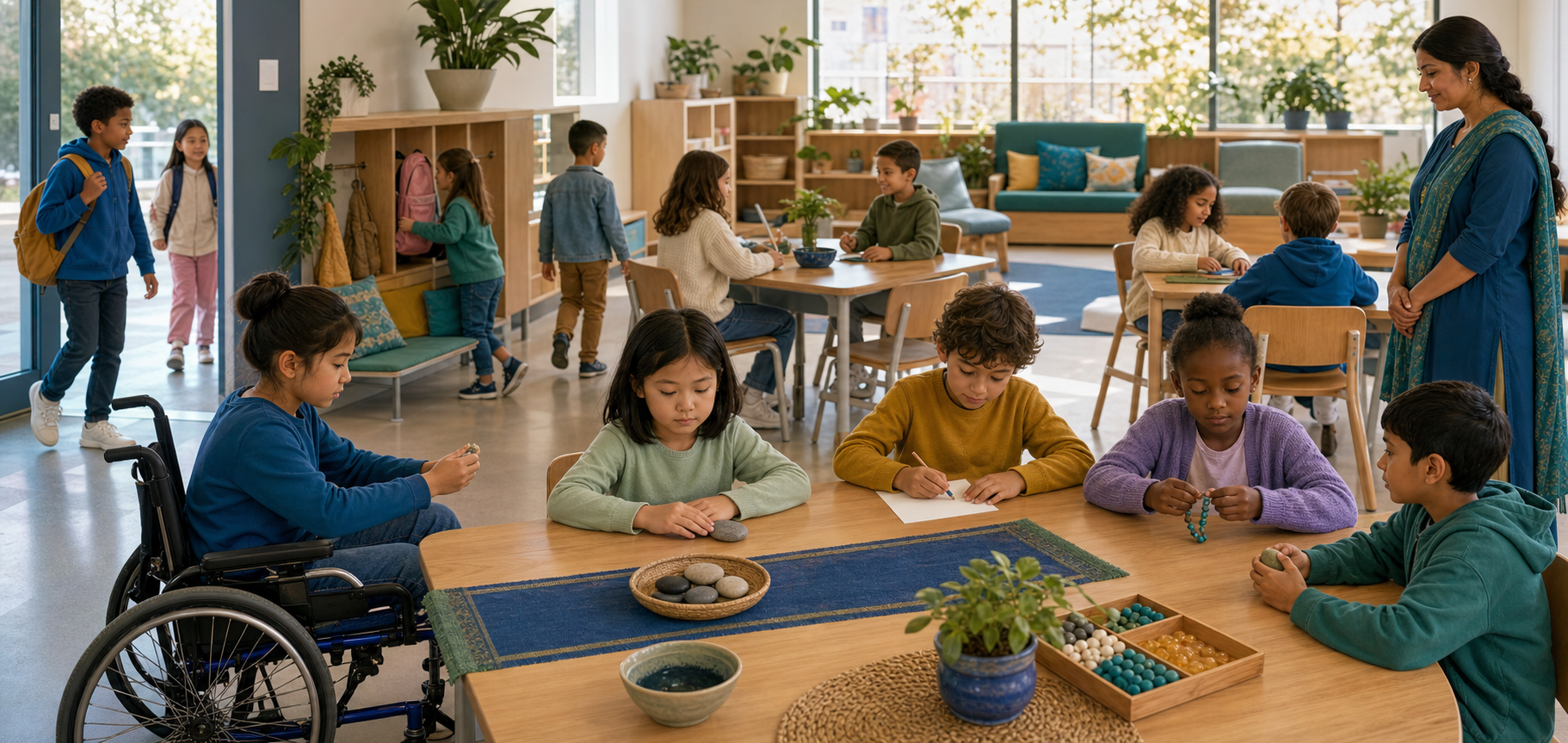 Pupils settle into a calm classroom routine using optional quiet reflection objects while their teacher supports different forms of participation.