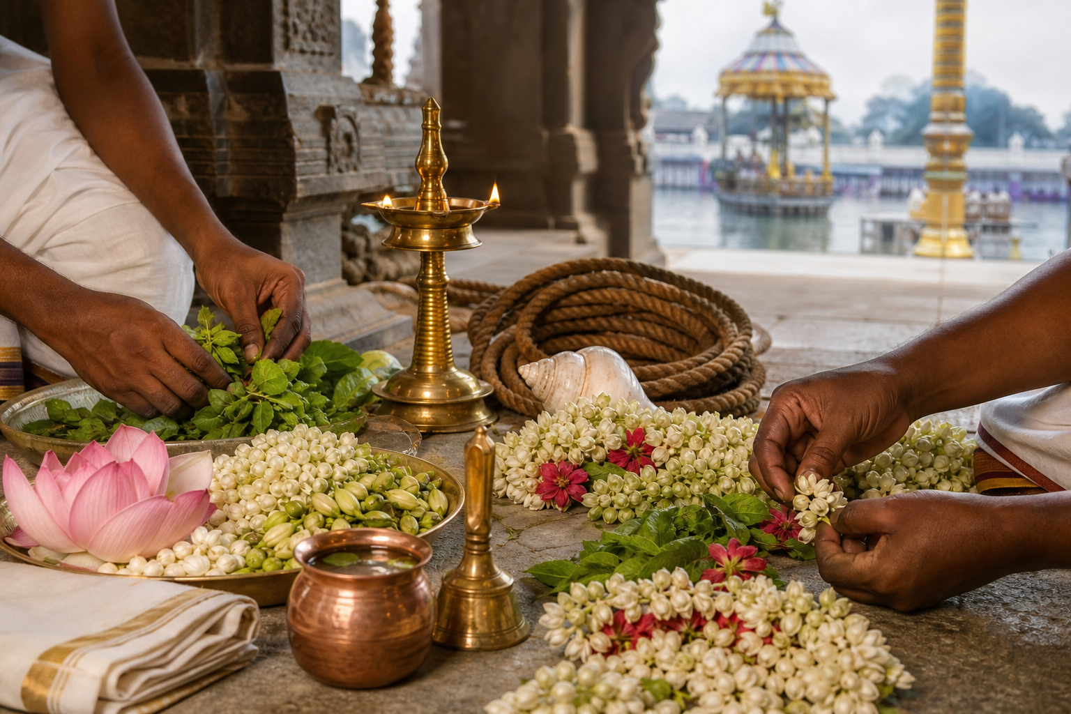 Temple attendants arrange tulasi, flowers, and garlands beside a brass lamp, conch, copper water vessel, ceremonial cloth, bell, and flagstaff rope.