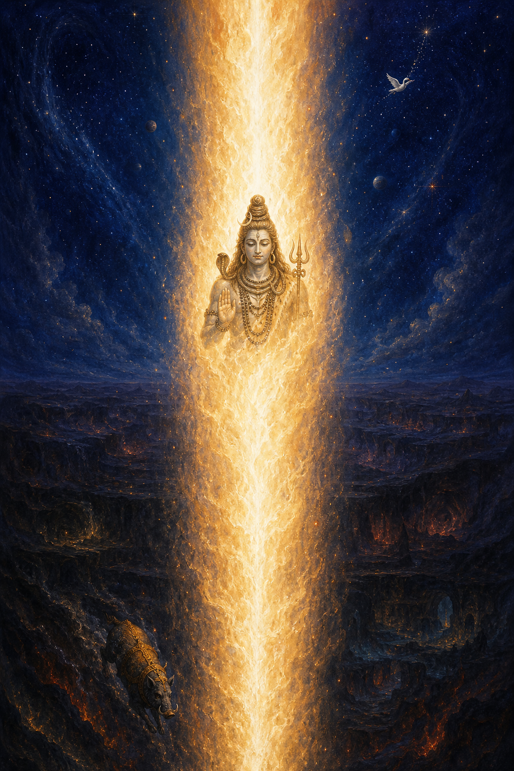 Shiva appears within an endless pillar of fire as a white swan searches above and a boar descends below.