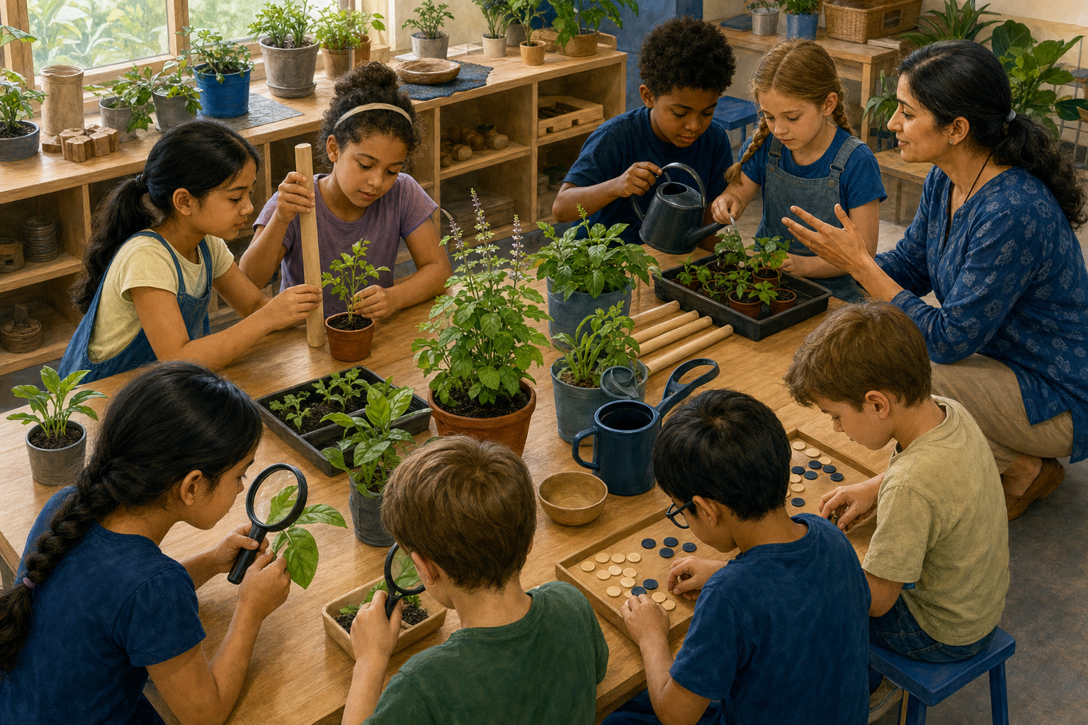 Pupils measure, examine and water classroom plants during a cooperative science and mathematics lesson with their teacher.