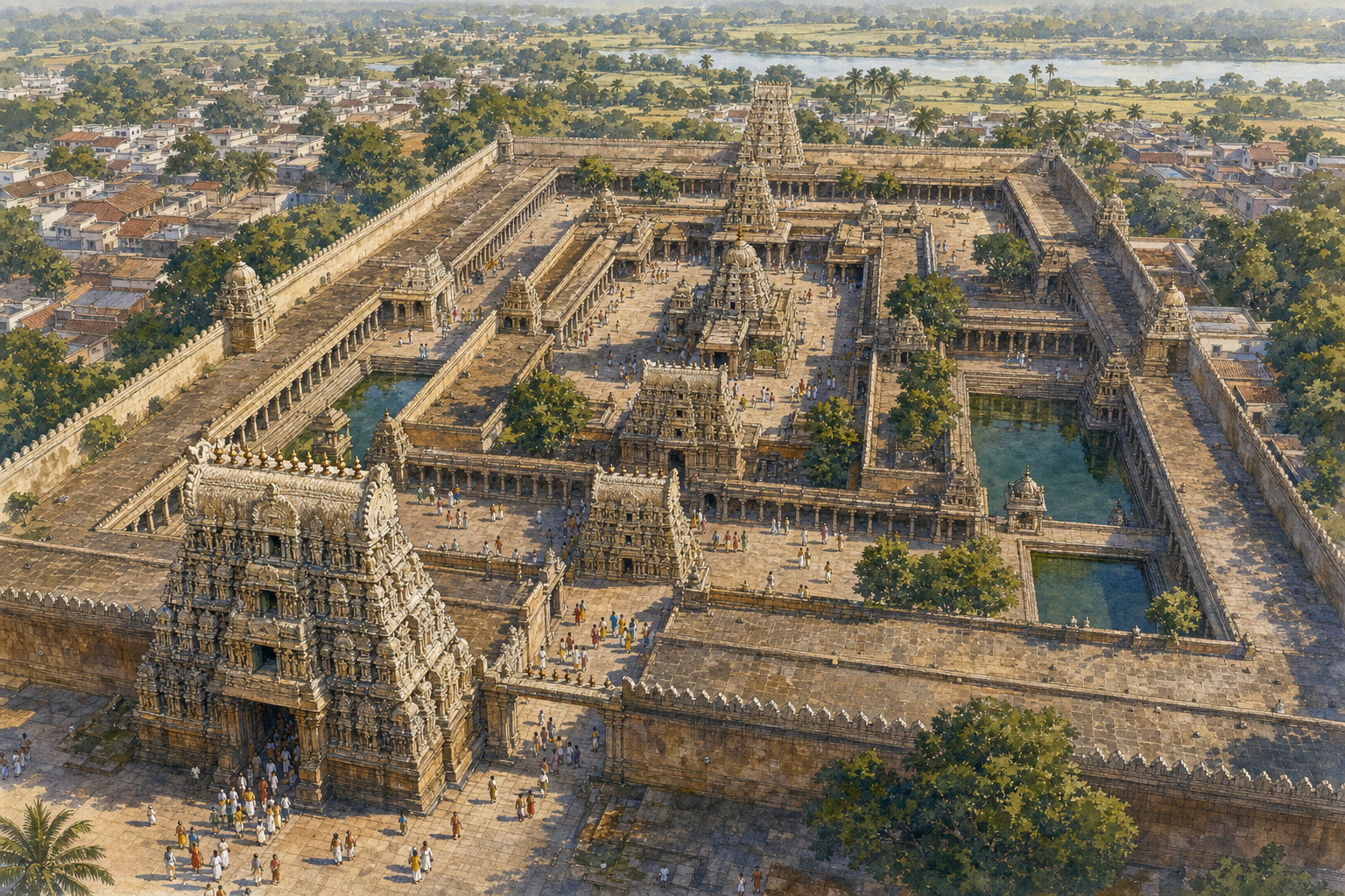 Elevated view of a South Indian Hindu temple complex with nested enclosure walls, gateway towers, courtyards and corridors surrounding the central shrine.