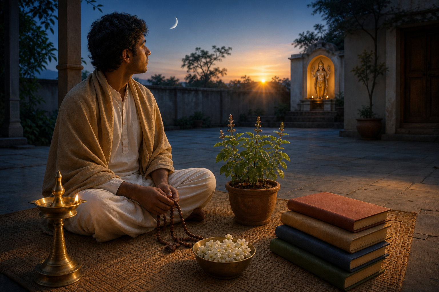 A practitioner sits beside an oil lamp, prayer beads, a tulasi plant, and closed almanacs in an Indian courtyard as the moon fades at sunrise.
