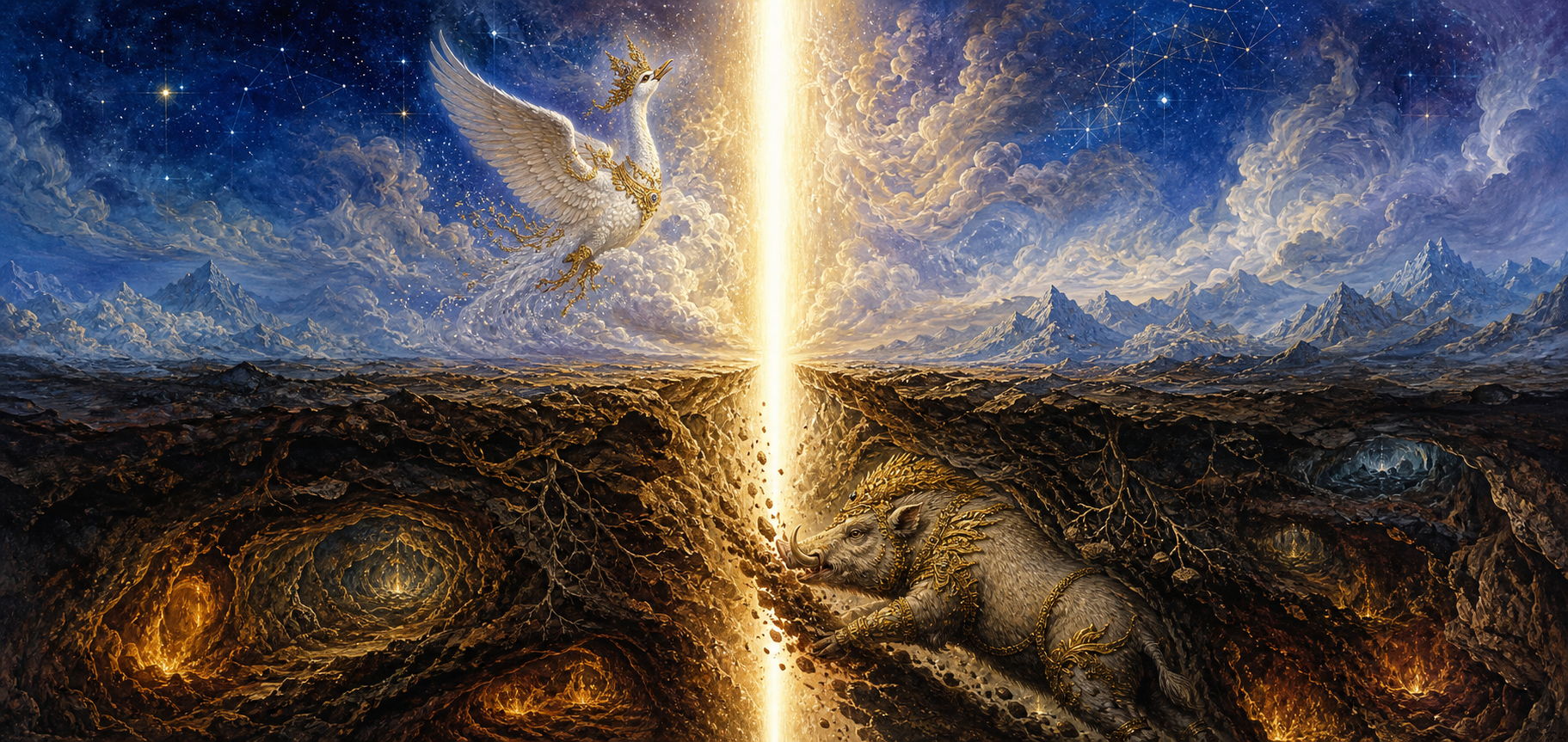 A white swan flies toward the heavens and a boar descends underground beside a pillar that extends beyond the scene.