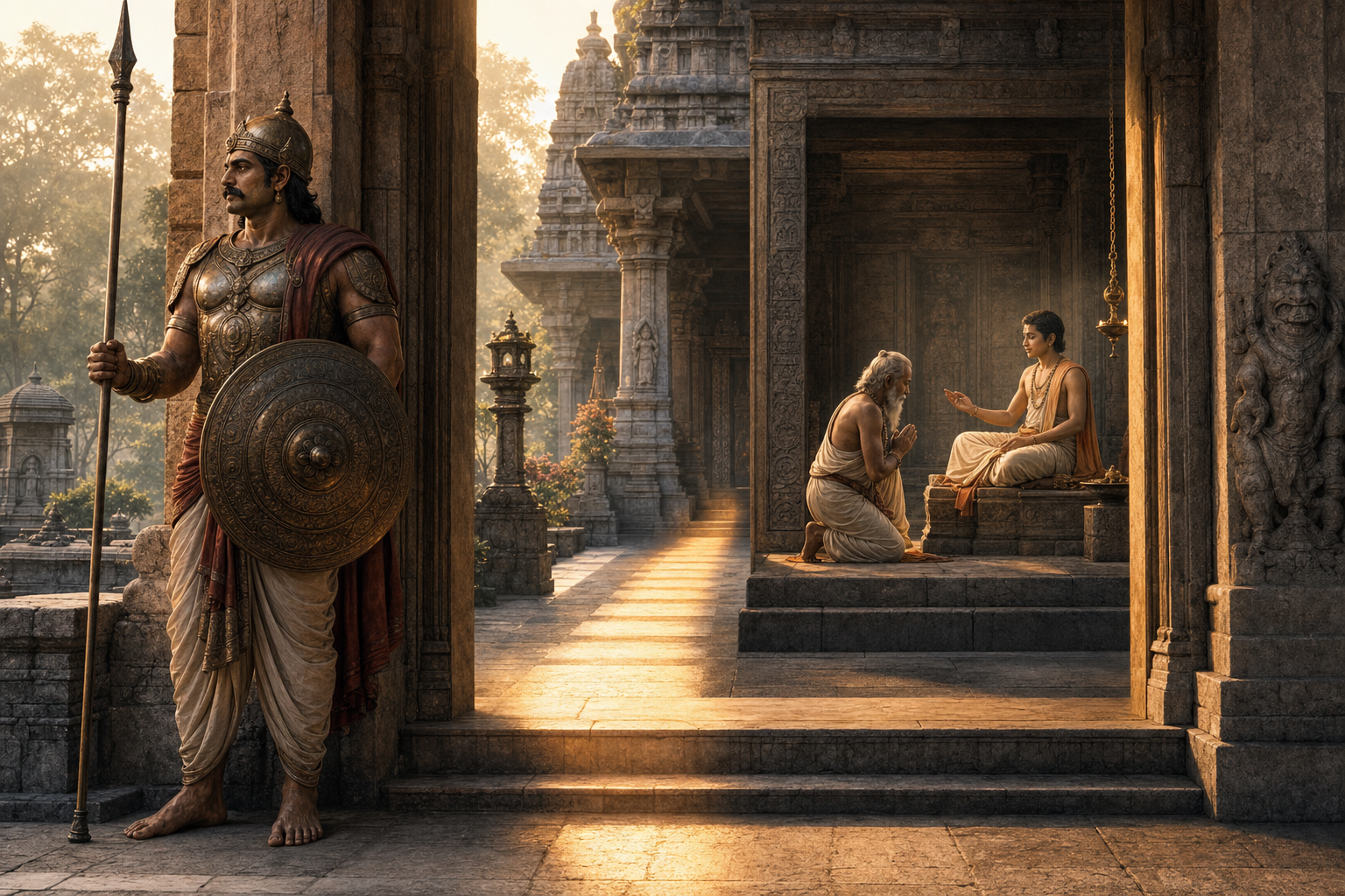 A shield-bearing guardian watches a temple threshold while, farther inside, a seated figure listens to a youthful teacher.