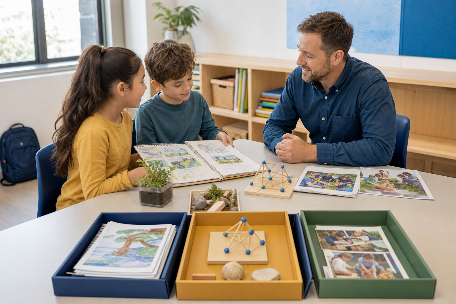 A teacher and two pupils review academic work, practical projects and teamwork materials during an individual classroom assessment conference.
