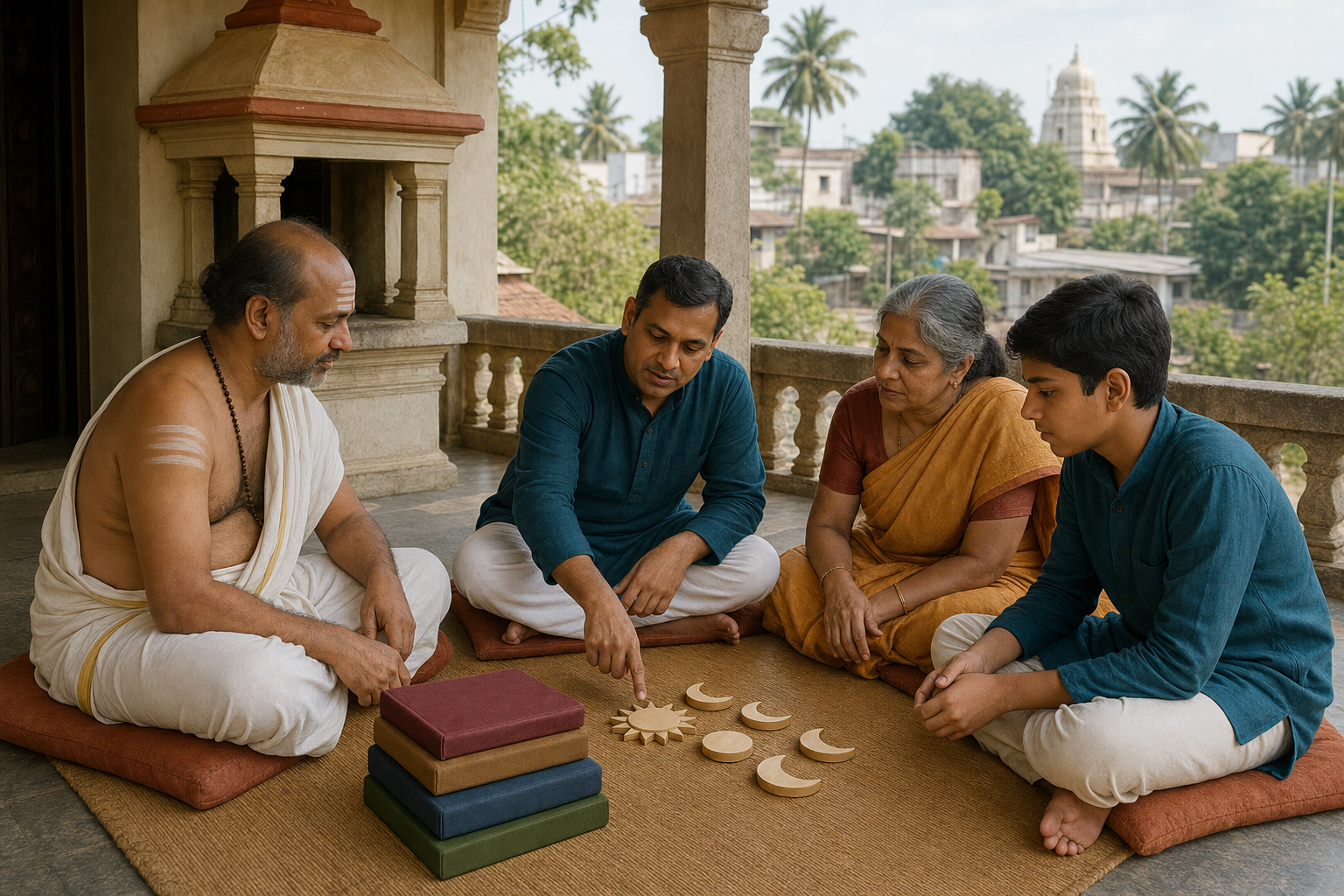 A temple priest and three householders sit on a veranda with closed almanacs and wooden sun and moon tokens while discussing an observance.