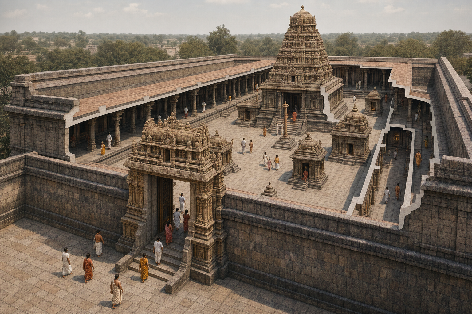 Cutaway view of a temple enclosure showing a gateway, stone boundary wall, courtyard, pillared passage, subsidiary shrines and central shrine.