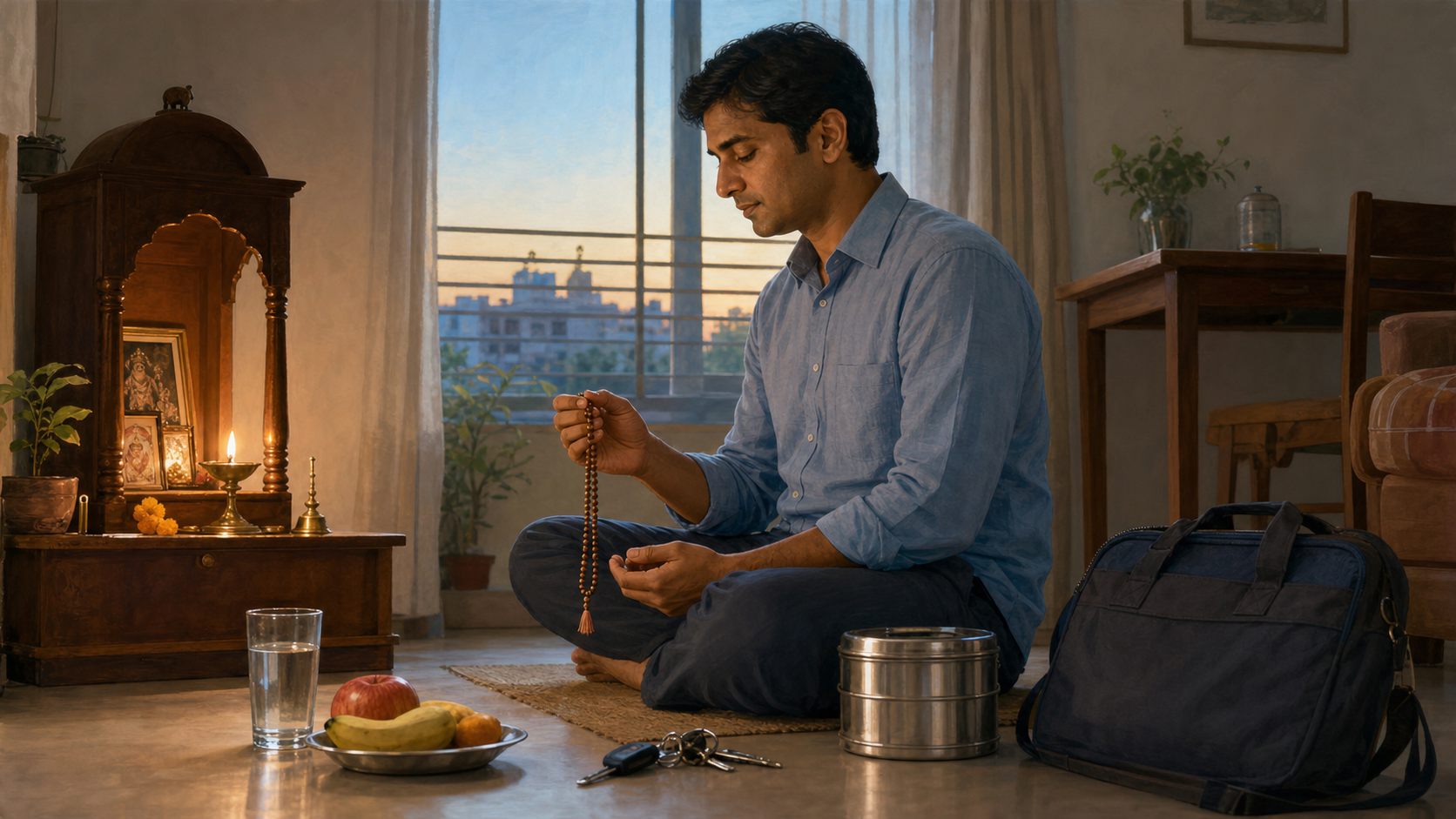 A householder chants with wooden prayer beads beside a small shrine, with a lunch tin, keys, and work bag ready nearby.