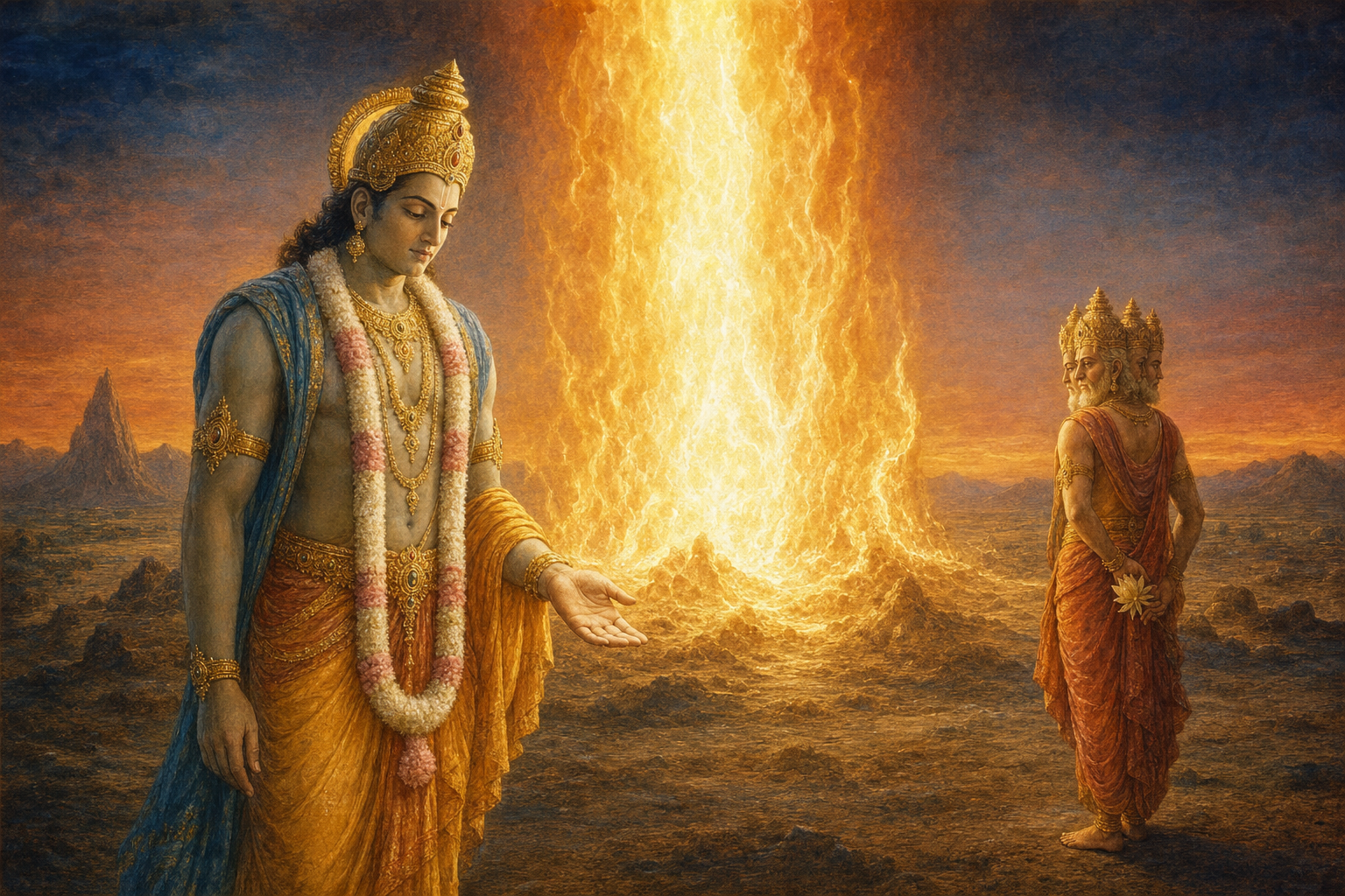 Vishnu returns to the fiery pillar with an open hand while Brahma stands behind him holding a pale flower.