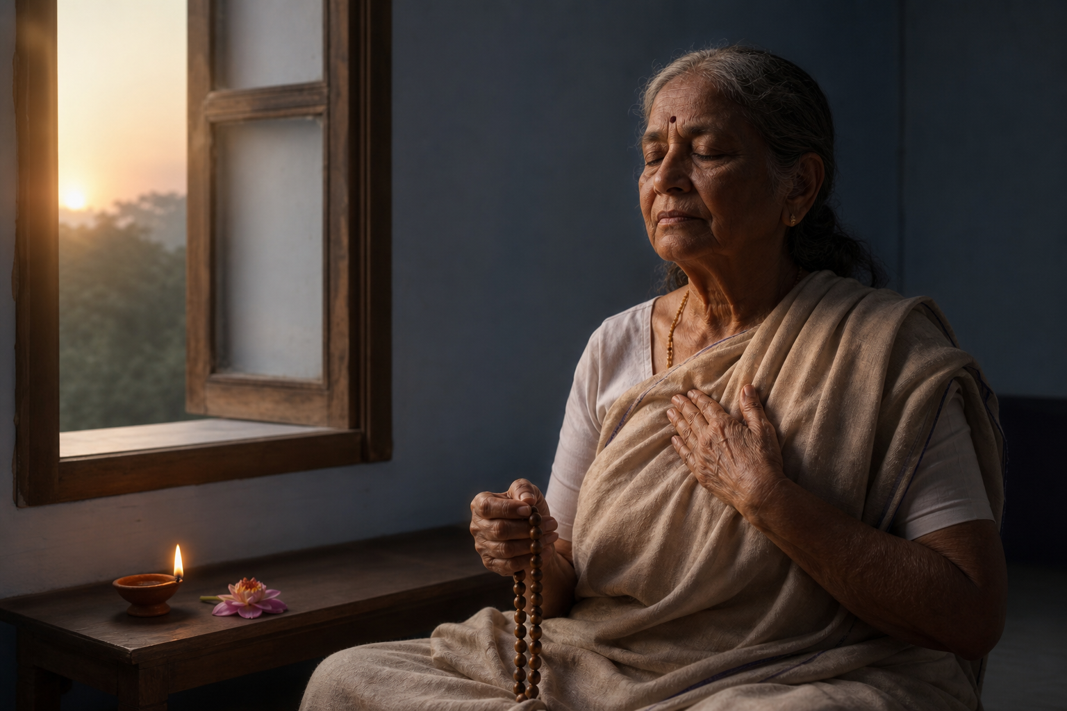 An elderly Indian person meditates beside a window at dawn with wooden prayer beads, an oil lamp, and a flower nearby.