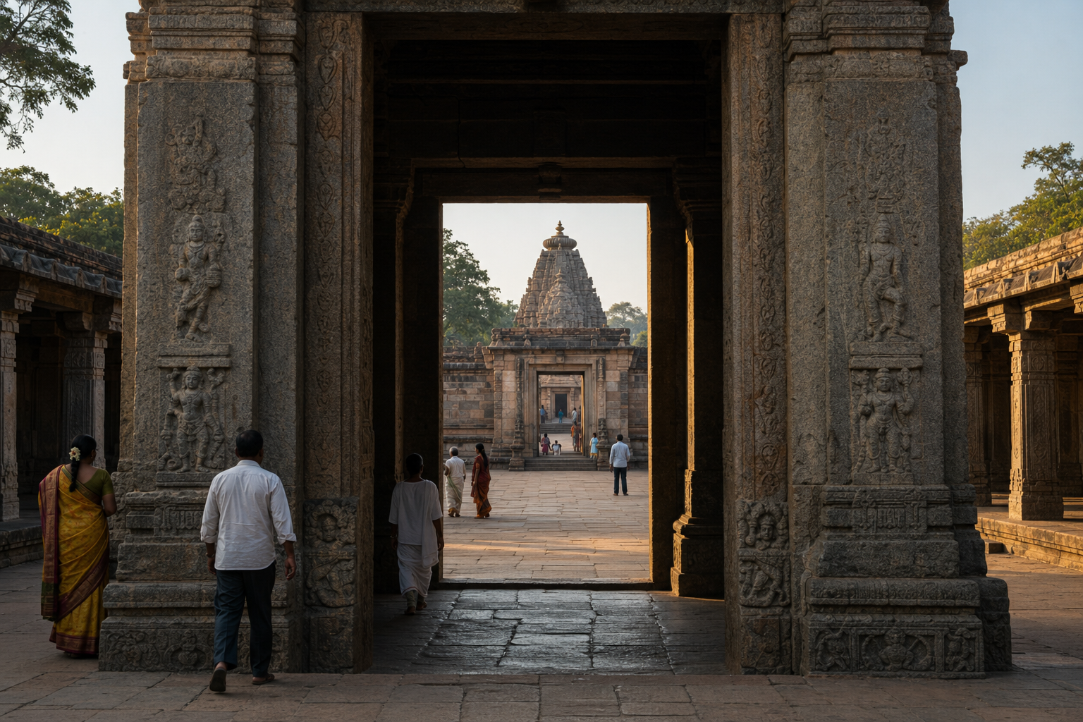 Successive temple gateways frame a distant shrine as visitors move from a bright outer court into quieter and more enclosed spaces.