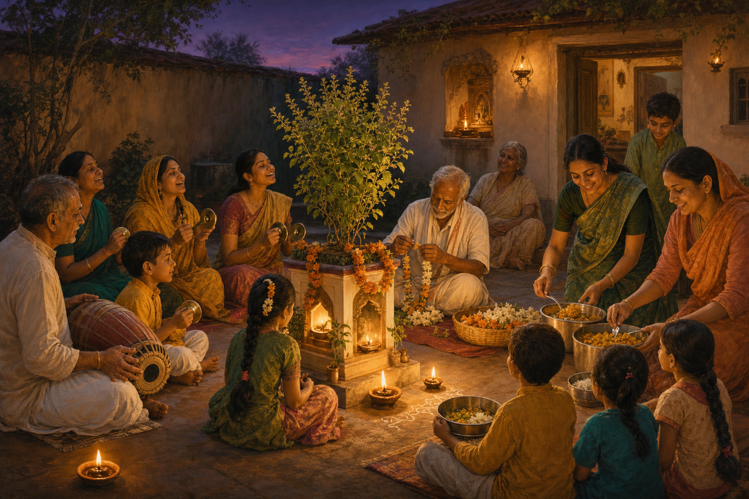 Children, adults, and elders sing, make flower garlands, and serve food around a tulasi plant in a lamp-lit courtyard.
