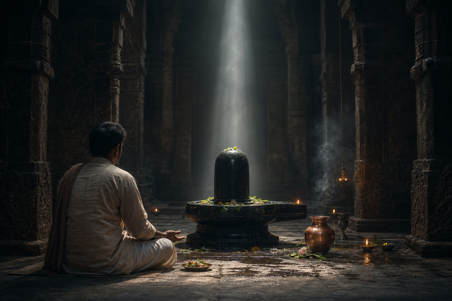 A worshipper sits before a stone Shiva linga in a quiet temple lit by oil lamps and a shaft of daylight.