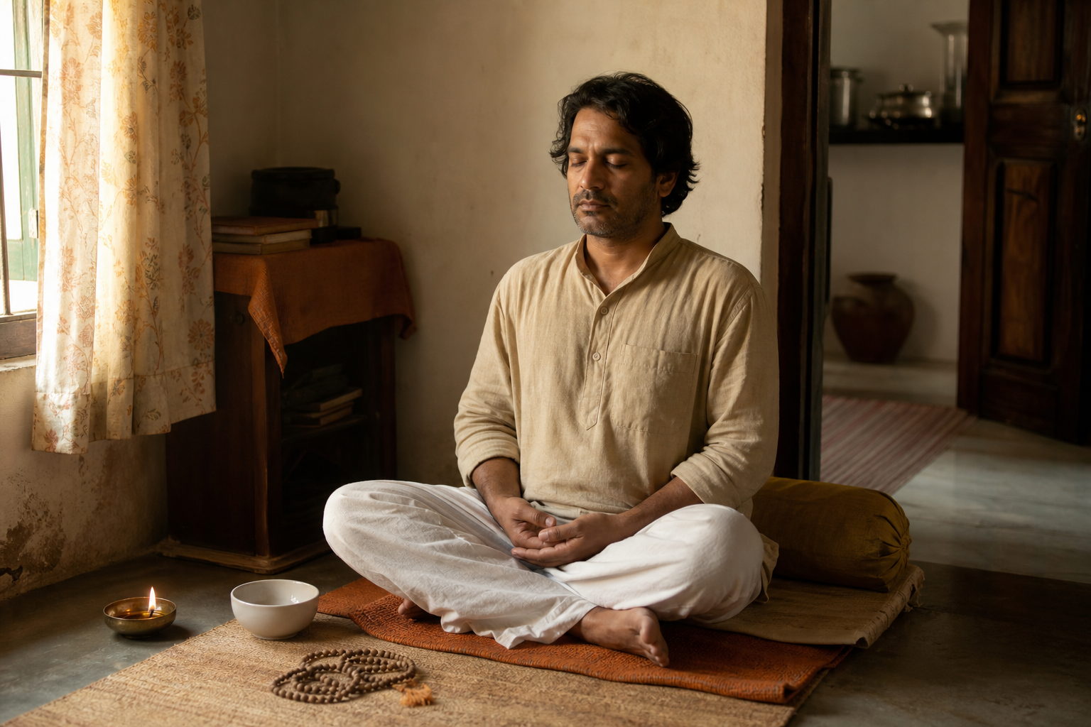 An adult Indian practitioner sits in morning meditation in a modest home beside an oil lamp and wooden prayer beads.