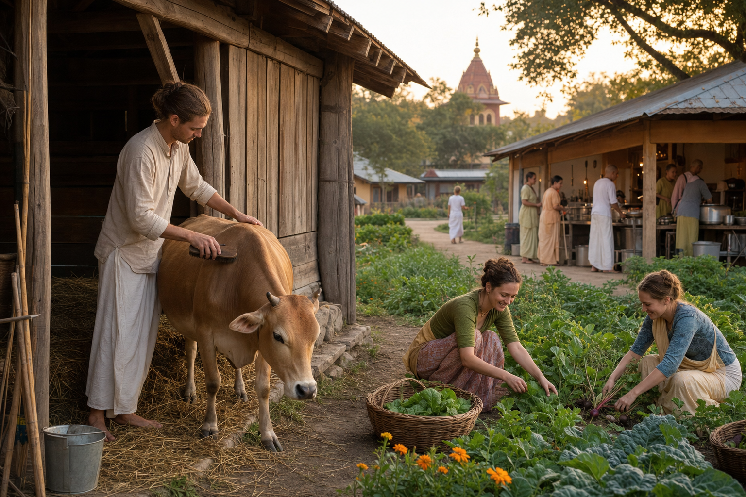 Community members care for a cow, harvest vegetables, and prepare a shared vegetarian meal near a rural temple.