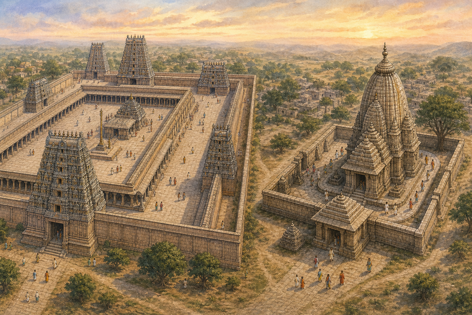 Side-by-side views contrast a large South Indian temple with multiple walled courts and a compact North Indian temple with a close enclosure and circumambulatory path.