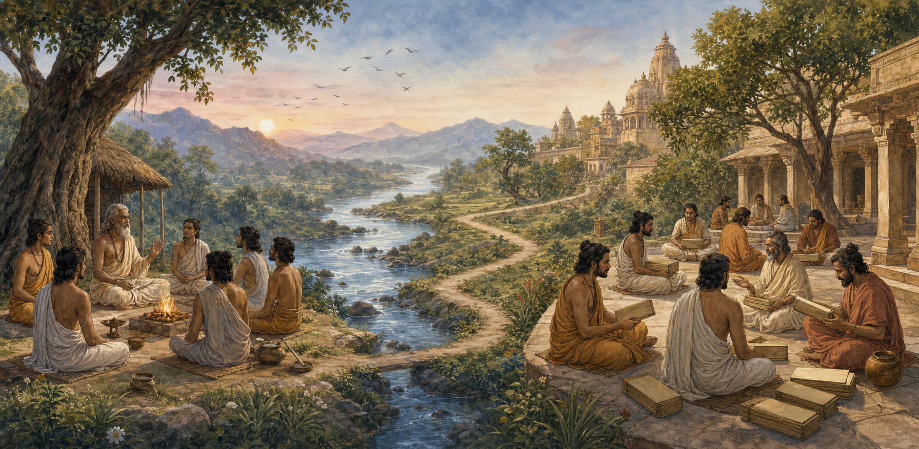 Panoramic illustration of an oral teaching circle beside a small ritual fire and a later scholarly courtyard with blank palm-leaf manuscript bundles, connected by a braided river and branching paths.