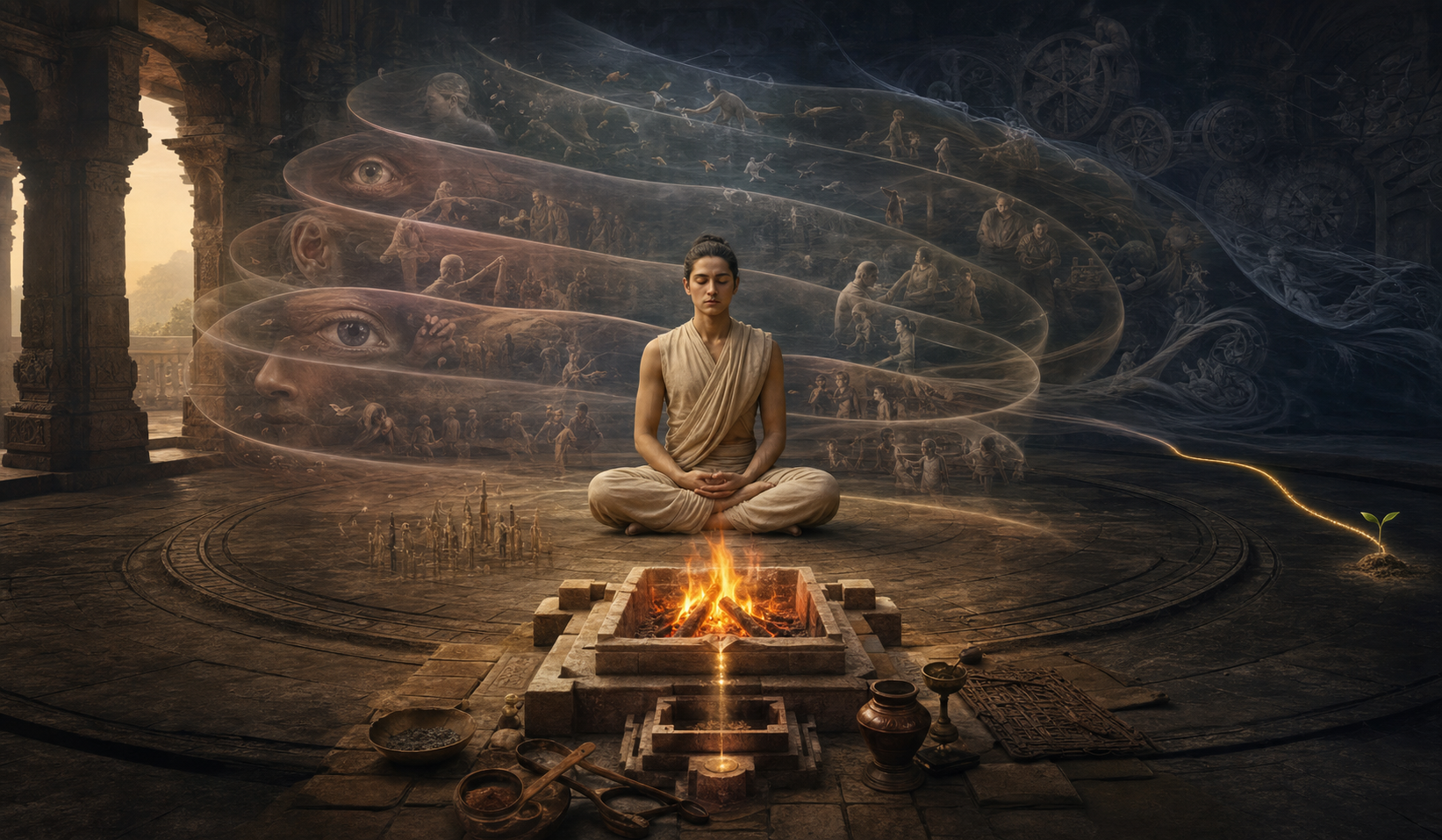 A seated figure remains still among translucent layers of experience, with a ritual fire in front and a faint luminous current leading toward a distant sprouting seed.