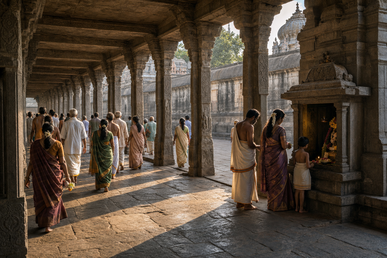 Worshippers walk clockwise through a shaded pillared temple corridor, with the inner shrine glimpsed through openings between stone columns.