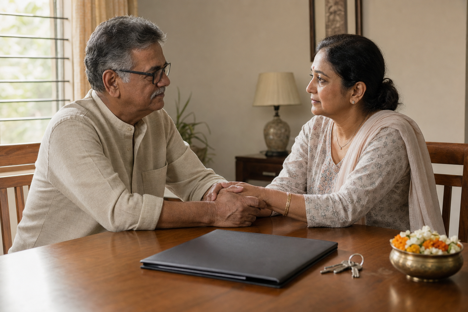 An older Indian adult and a relative hold hands across a table beside a closed folder, keys, and a bowl of flowers.
