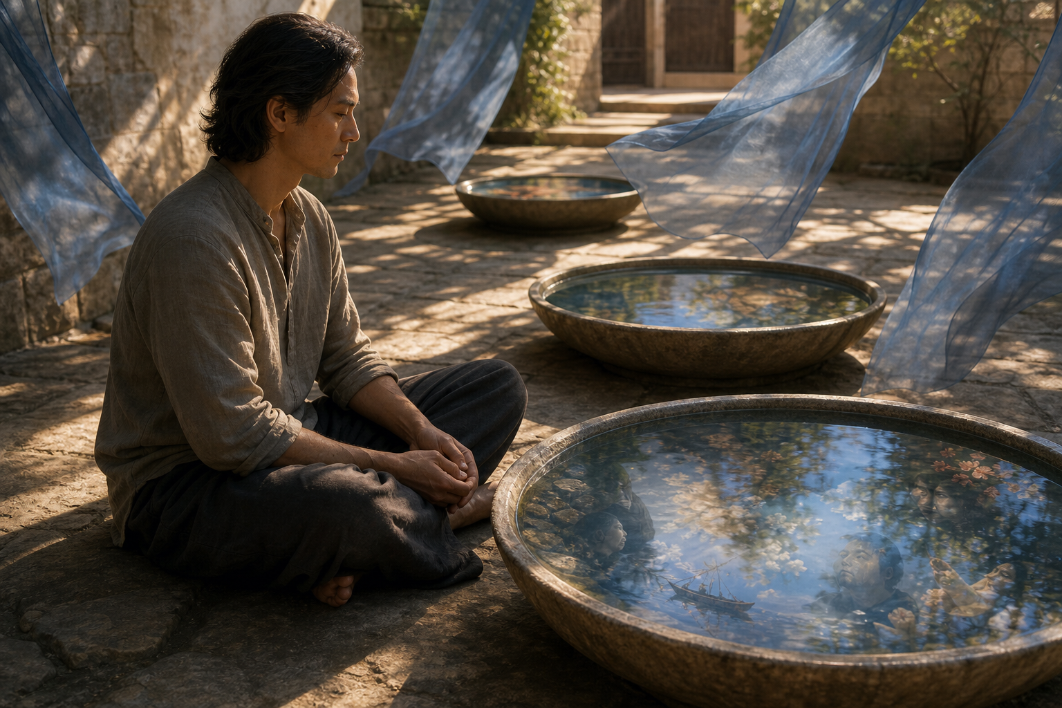 A steady seated figure is surrounded by moving fabric, water reflections, light, and shadow that suggest changing bodily and mental experiences.