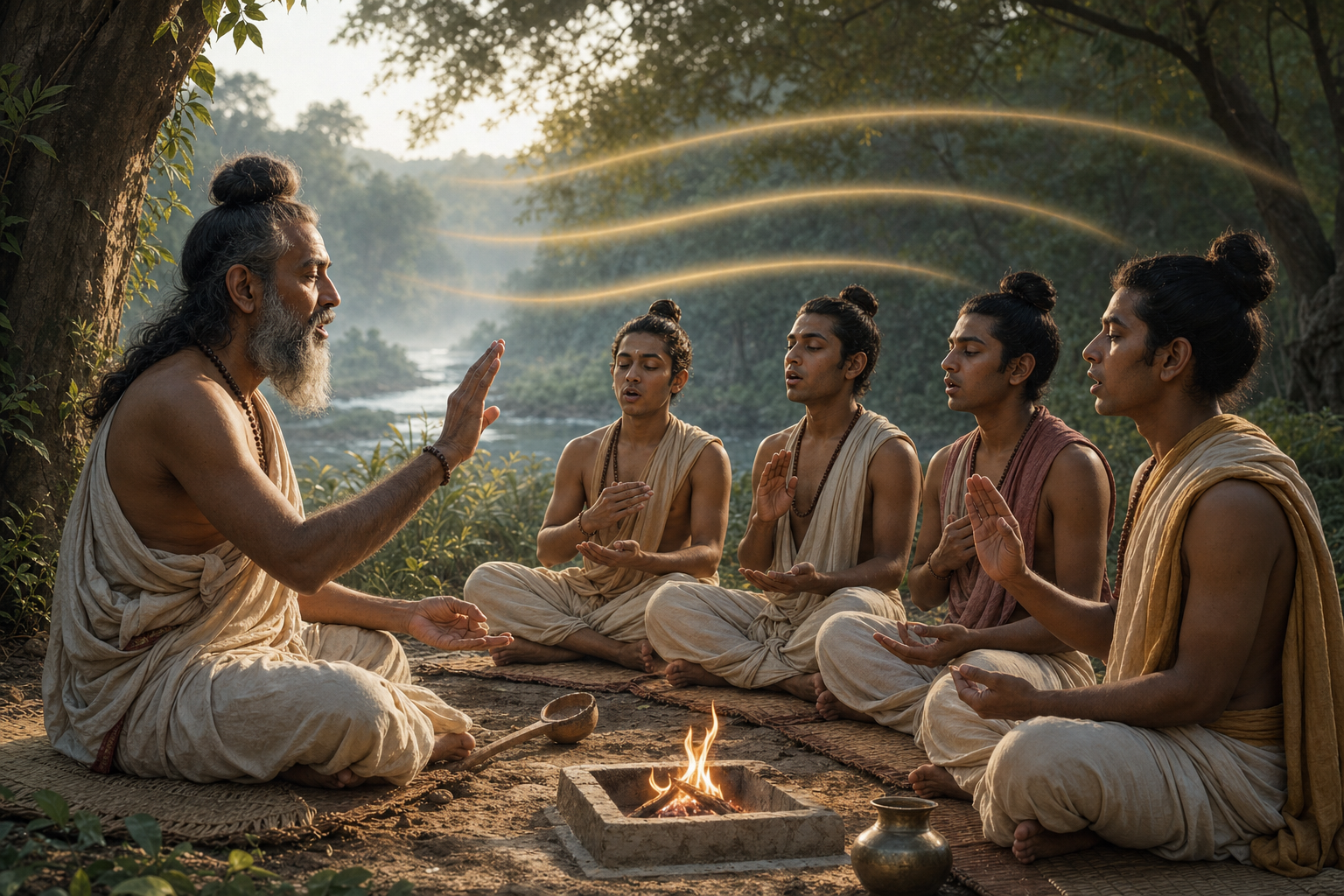 A teacher and four students recite together on woven mats in a riverside grove, using synchronized posture and hand positions beside simple ritual vessels and a small fire.