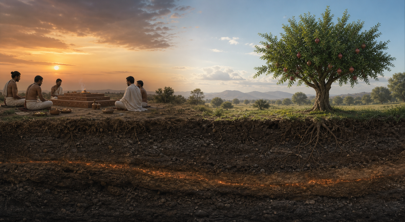 A completed fire offering and a fruit-bearing tree in a later season are connected by a faint glow beneath continuous layers of soil.
