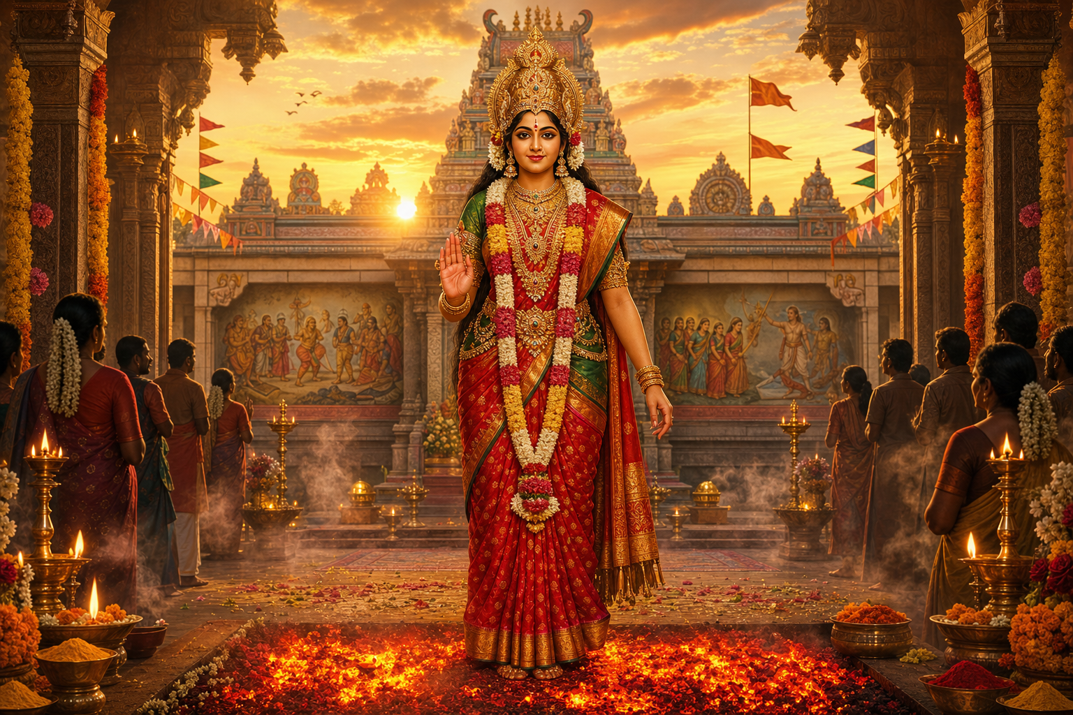 Draupadi Amman in a Tamil temple courtyard with lamps, garlands, devotees, and glowing Theemithi embers