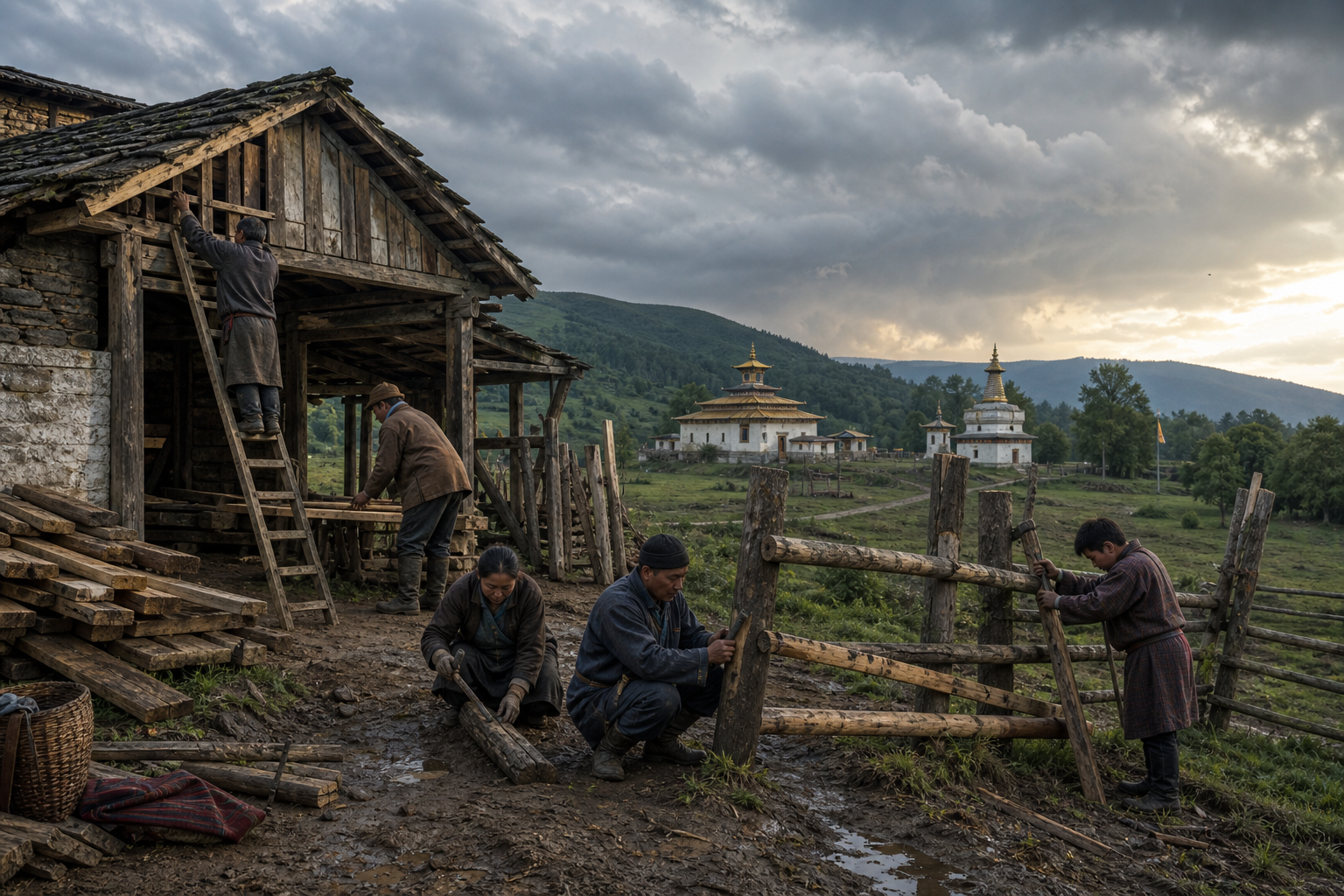 Community members repair a weathered farm building and fence beneath a clearing sky, with temple structures in the distance.