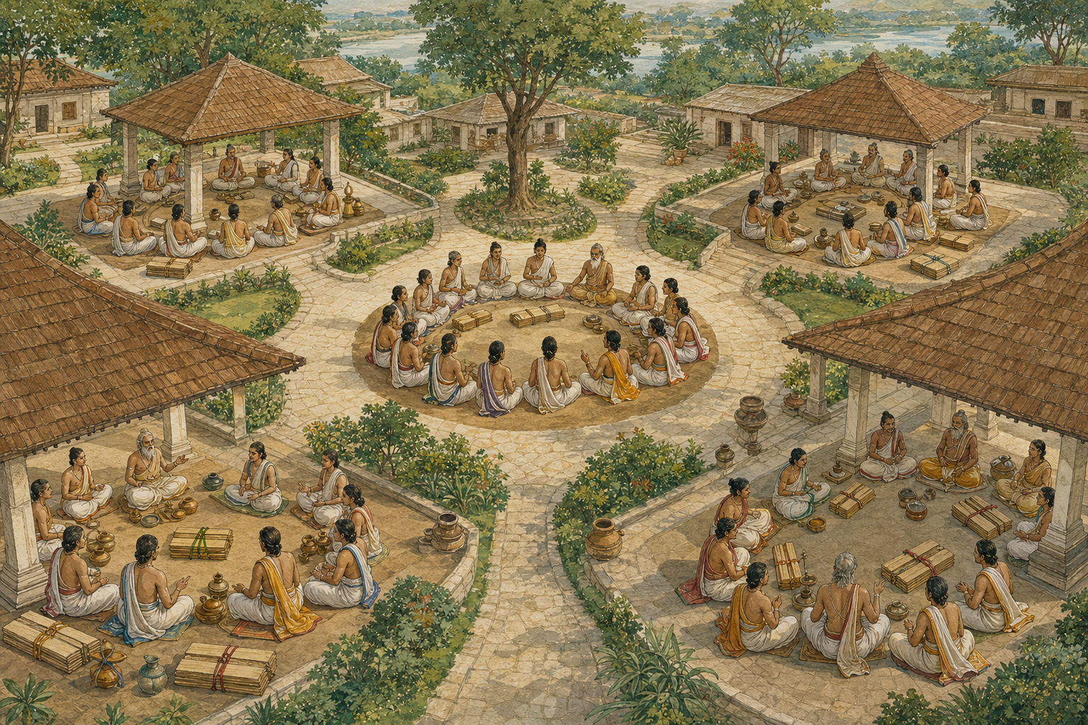 Several teacher-student recitation circles occupy connected courtyards, each with distinct seating arrangements, ritual objects, and differently tied blank manuscript bundles.