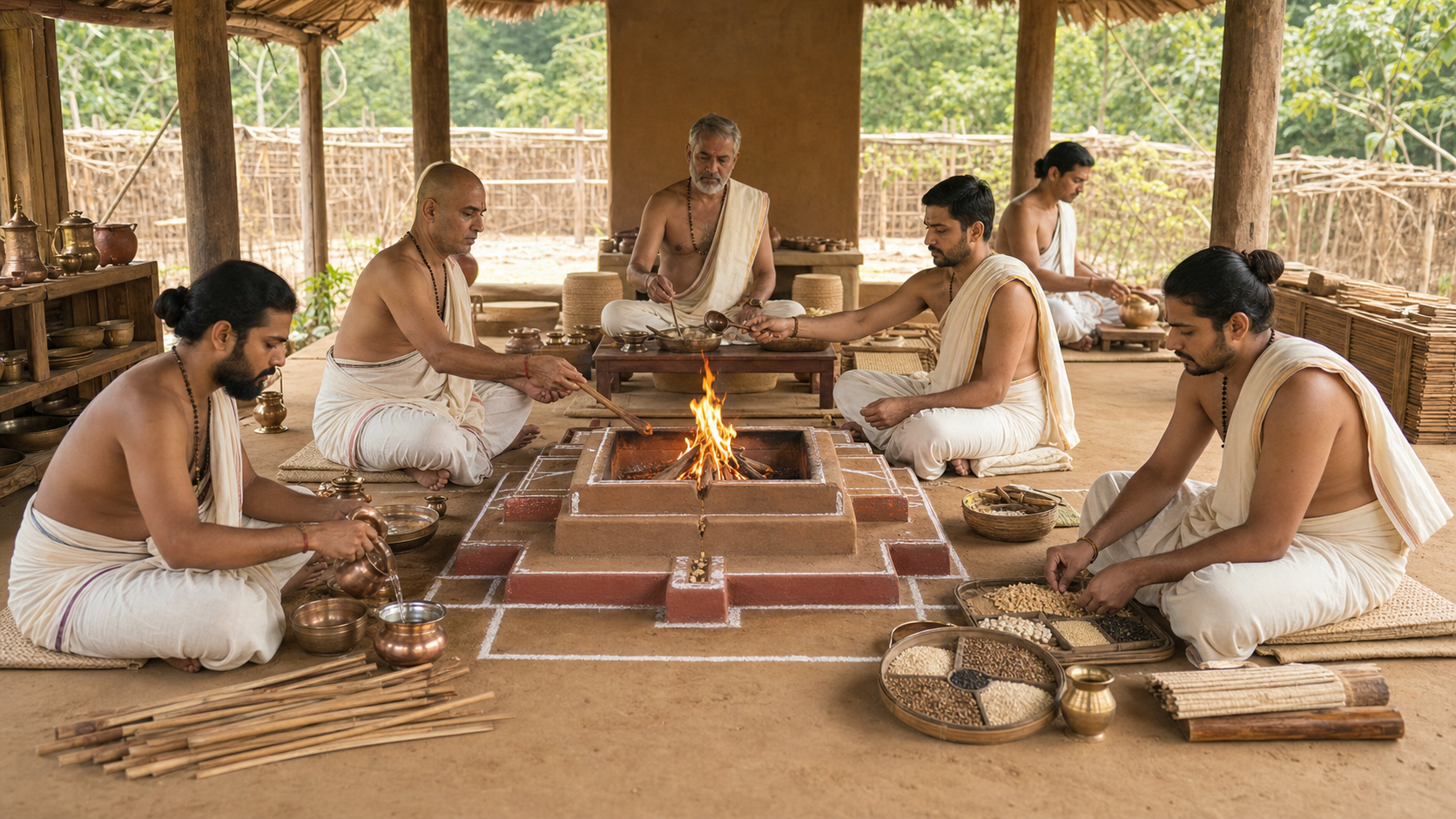 Focused practitioners carry out coordinated tasks around a prepared fire altar with vessels, grains, wooden implements, and an offering area.