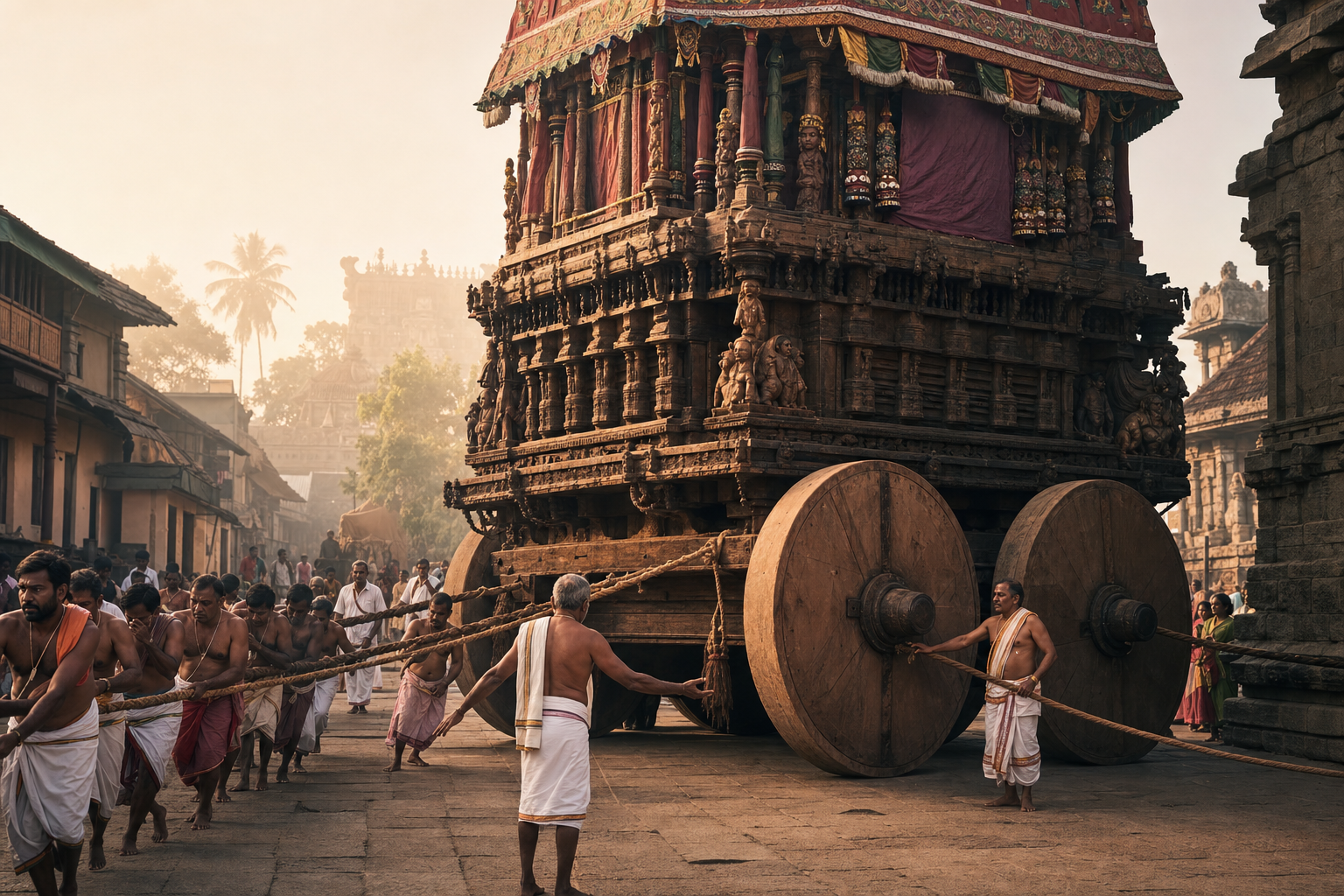 A towering carved wooden temple chariot moves through a South Indian temple-town street as devotees pull long ropes and attendants guide the procession.