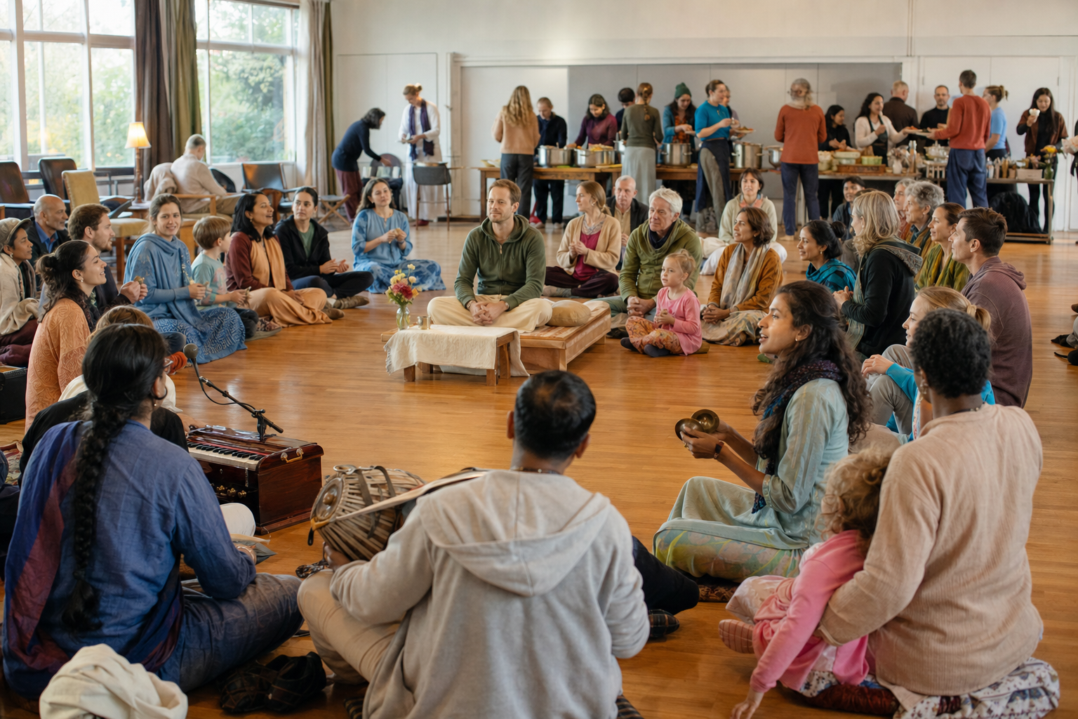 A diverse multigenerational group participates in kirtana in a community hall while volunteers prepare a vegetarian meal in the background.