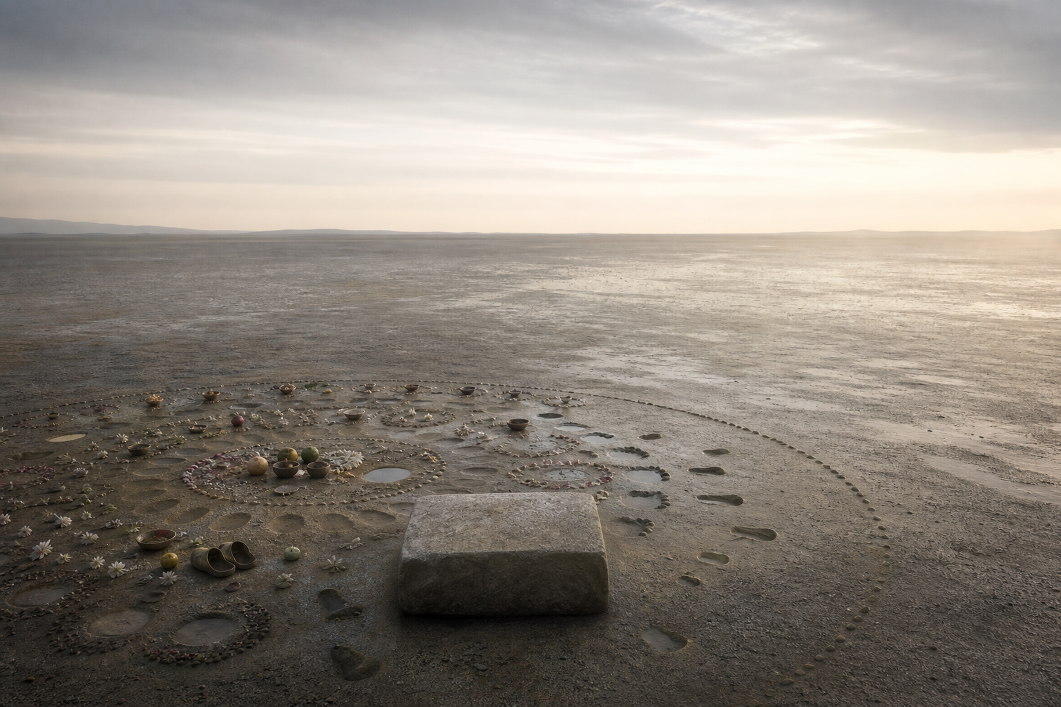 An empty stone seat faces a clear horizon while a fading circle of footprints, ritual objects, seeds, flowers, fruit, light, and shadow remains behind it.