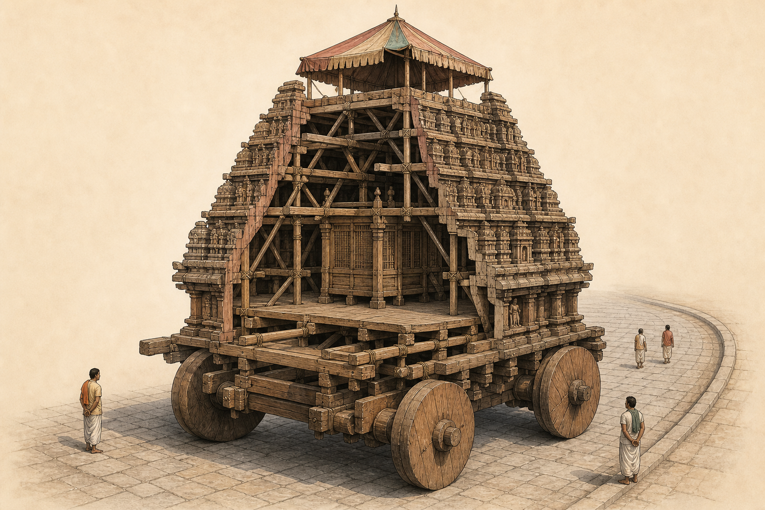 A cutaway view of a wooden temple chariot shows its wheels, axle, timber chassis, braced frame, shrine enclosure, carved tiers, and canopy above a paved route.