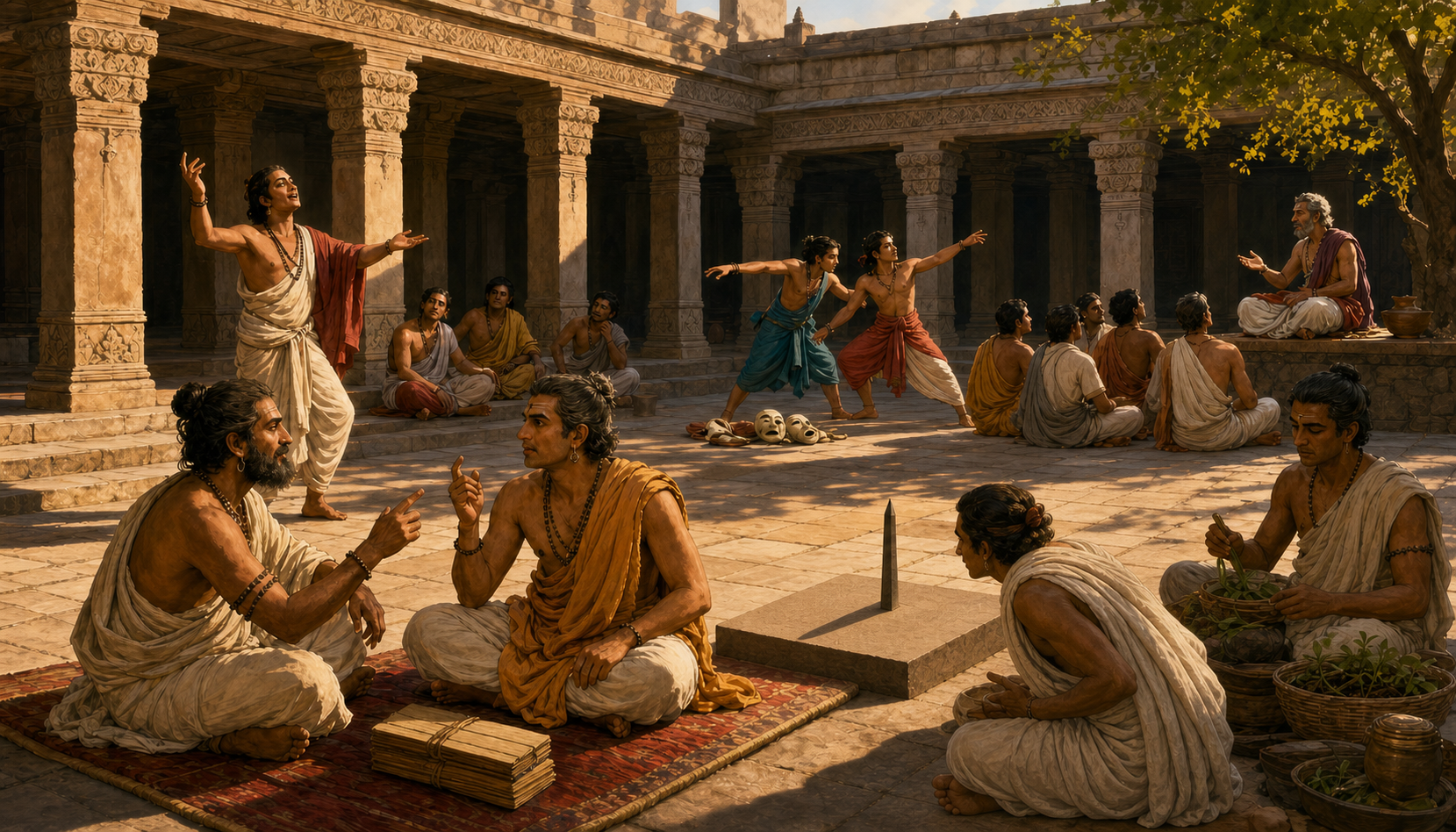 A scholarly courtyard contains philosophers, a poet, actors, an astronomer, a physician, and a storyteller engaged in different activities among blank manuscript bundles.