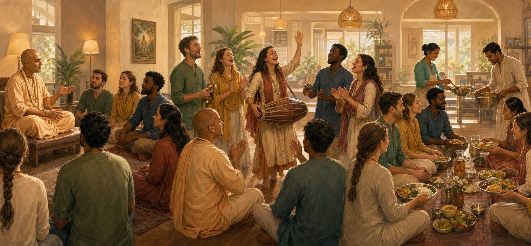 A continuous panoramic illustration shows guests listening to a speaker, joining devotional singing, and sharing a vegetarian meal.