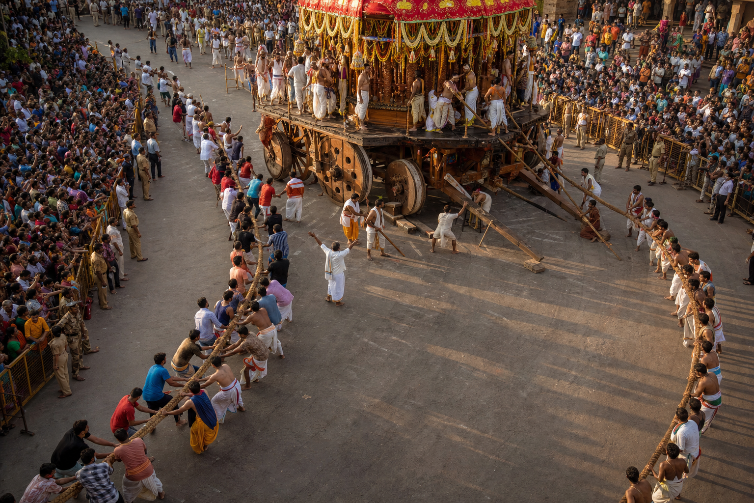 Organized teams pull a temple chariot with long ropes while coordinators and wheel attendants manage a turn and keep the wheel path clear.