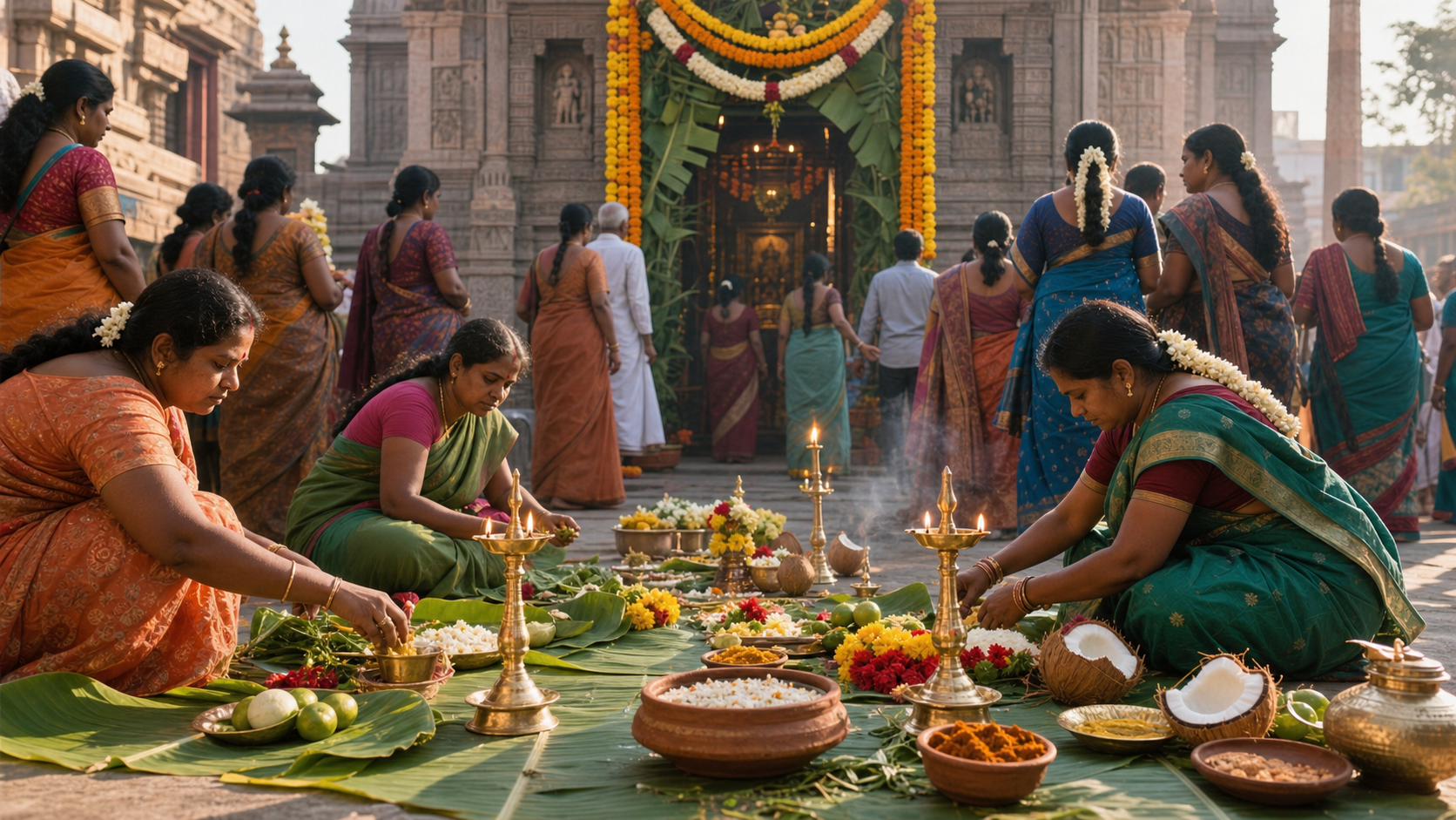 Devotees prepare lamps, flowers, neem leaves, coconuts, and food offerings outside a Tamil Nadu Amman temple during Aadi.