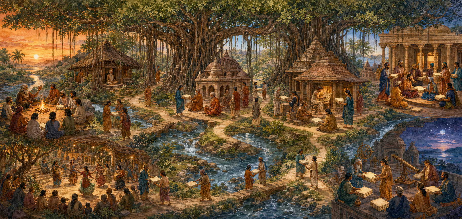 A broad banyan grove connects teaching circles, a hermitage, monastery, temple workshop, scholarly hall, village performance, and observatory through interwoven paths and streams.