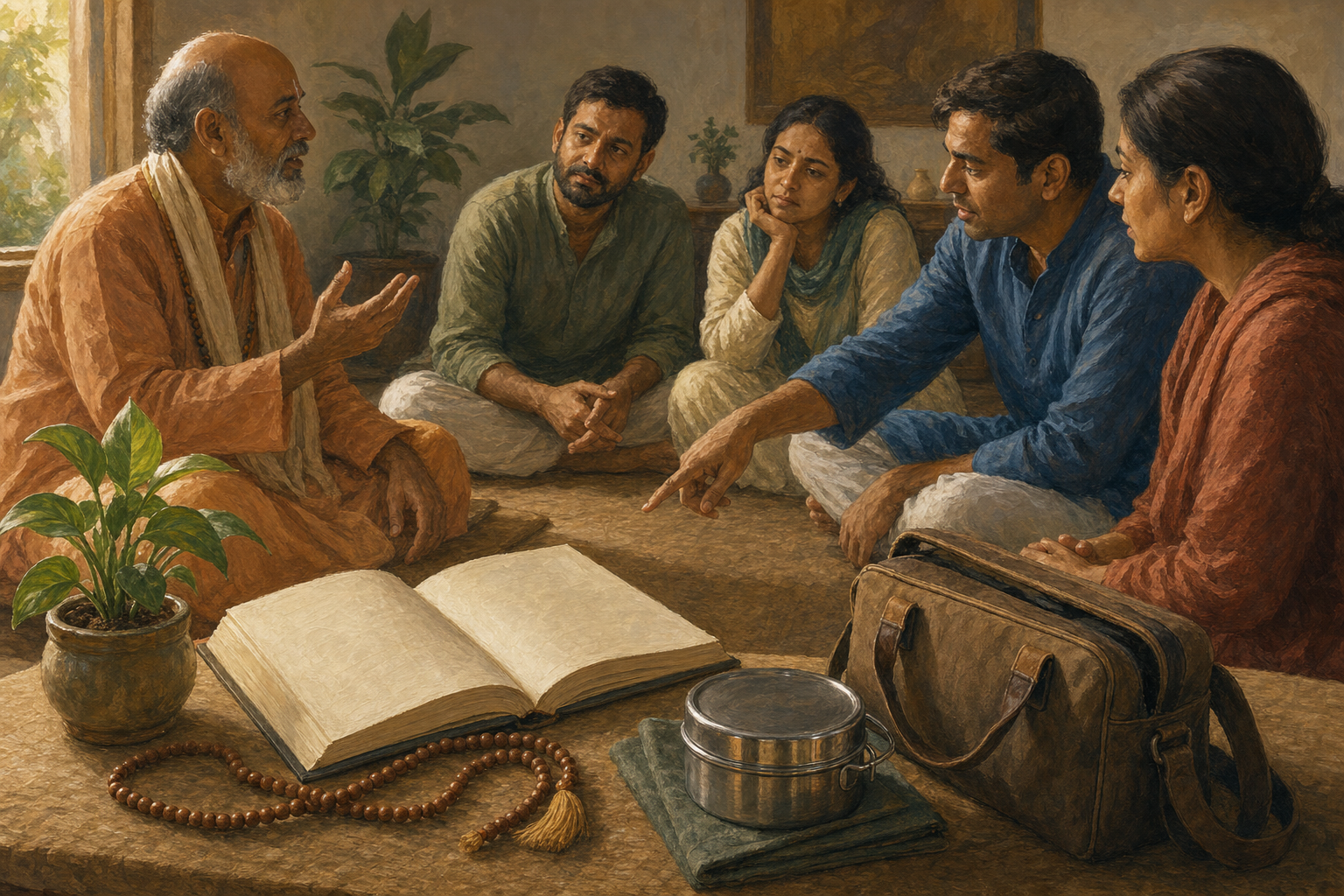 A teacher and several learners discuss devotional philosophy beside prayer beads, a book, a work bag, and a lunch container.