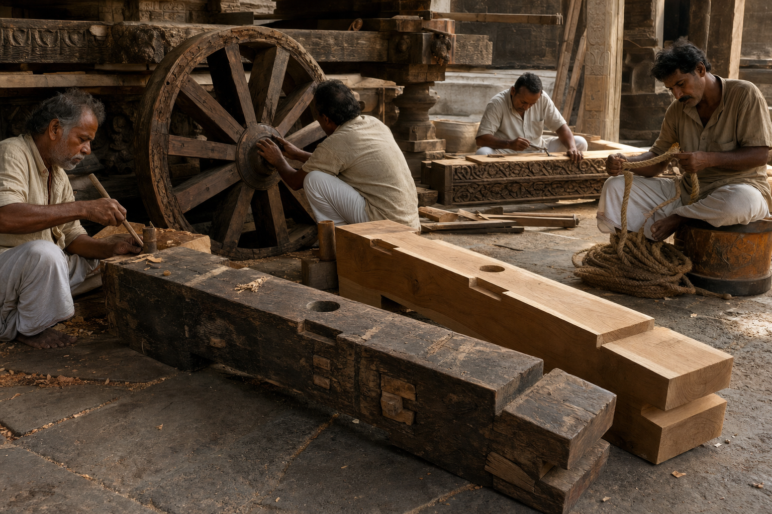 Woodworkers in a temple courtyard repair carved timbers, fit a replacement joint, inspect a wooden wheel section, and splice a hauling rope for a temple chariot.