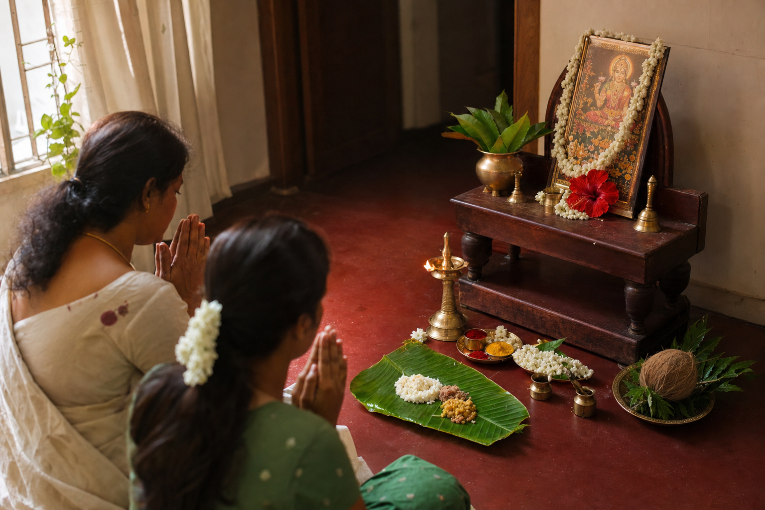 Two family members pray beside a brass lamp, flowers, neem leaves, and a banana-leaf offering in a Tamil home.
