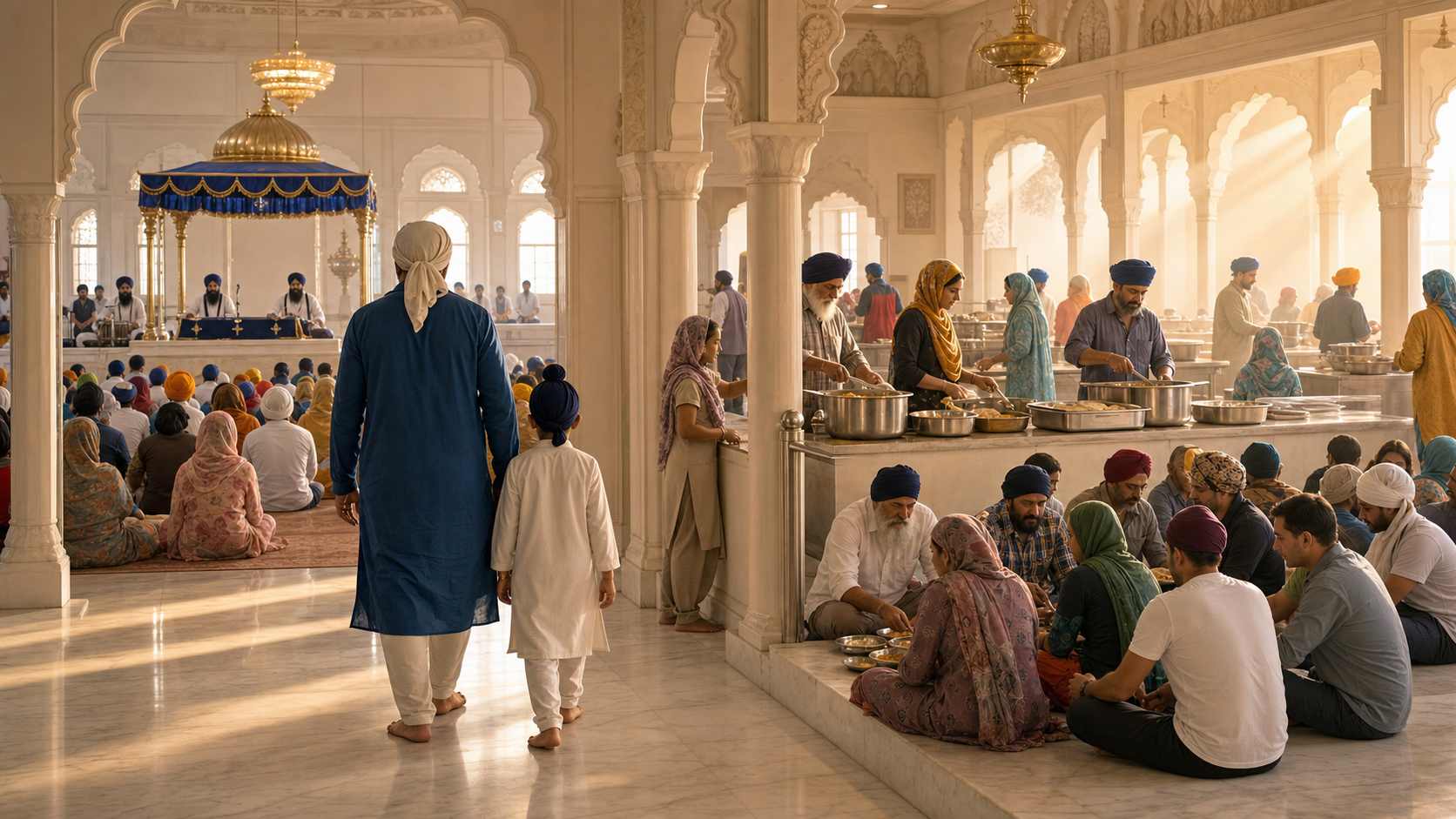 A Sikh child and parent move through a gurdwara where a congregation listens to kirtan, volunteers prepare langar, and people share a meal.