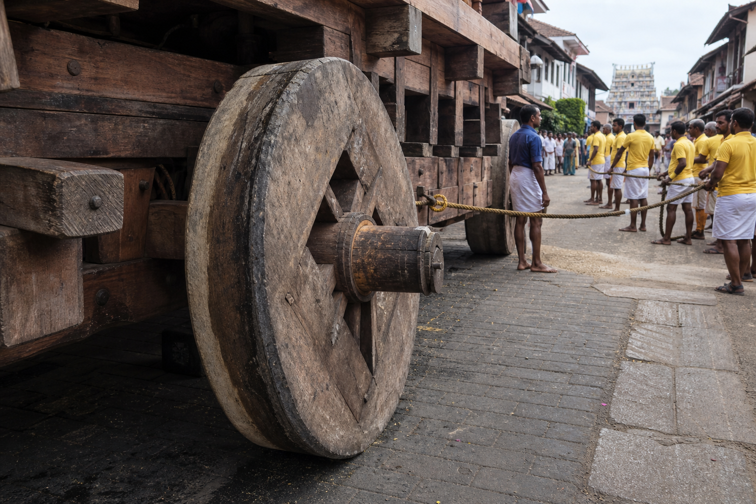 A close ground-level view of a temple chariot shows the wheel on the road, axle housing, pegged timber frame, rope attachment, attendants, and the route ahead.